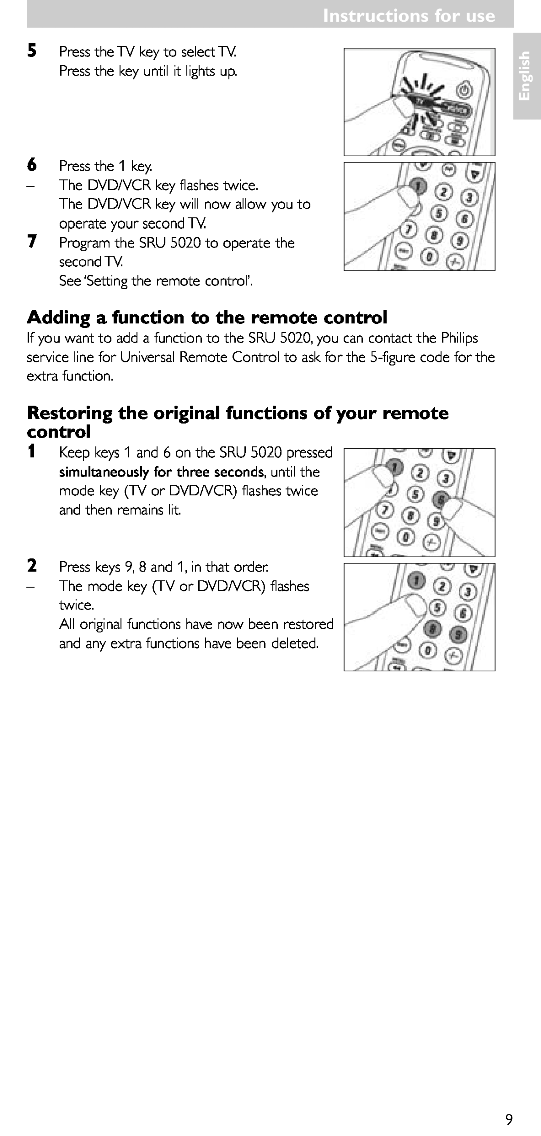Philips SRU 5020/86 manual Adding a function to the remote control, Restoring the original functions of your remote control 