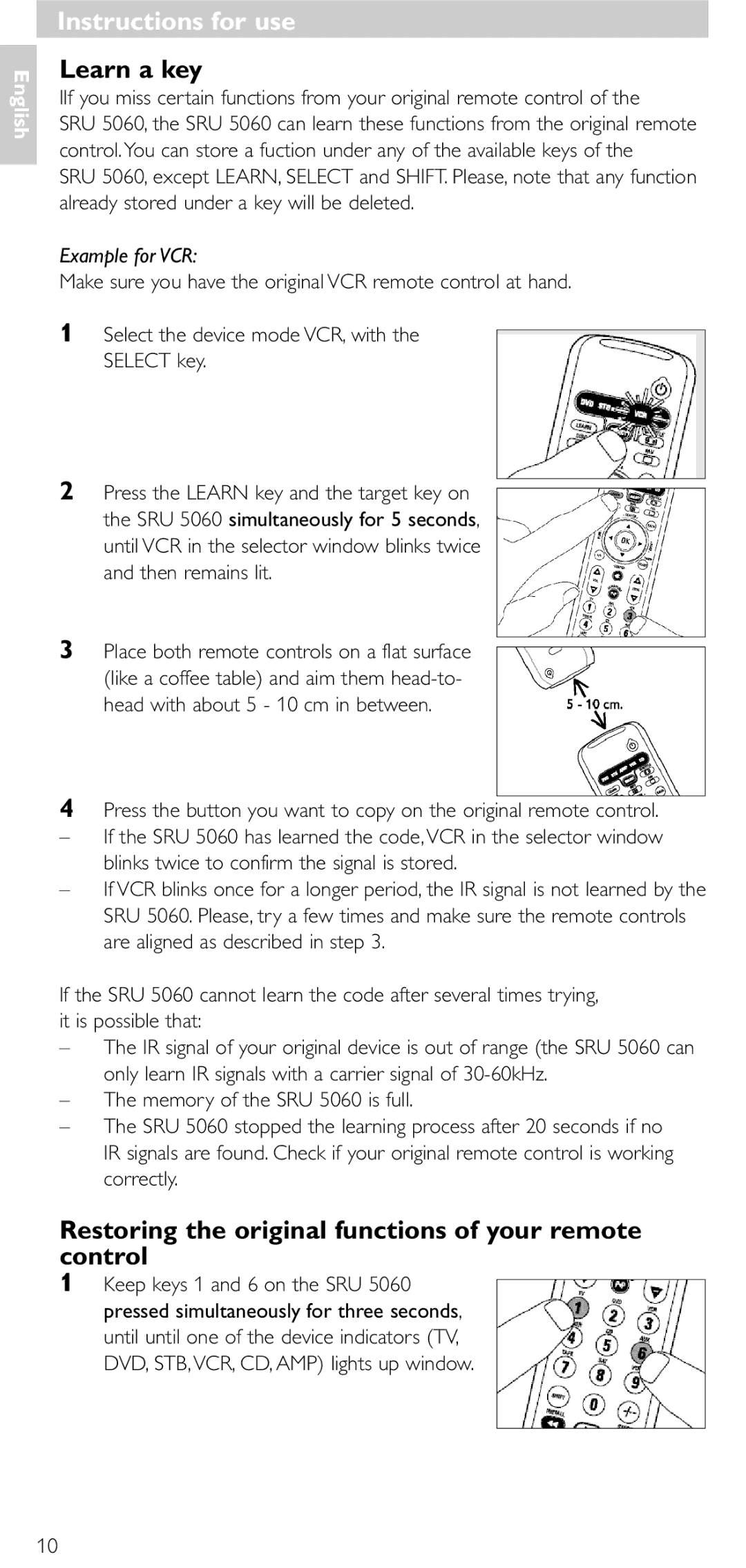 Philips SRU 5086 manual Learn a key, Restoring the original functions of your remote control, Example for VCR 