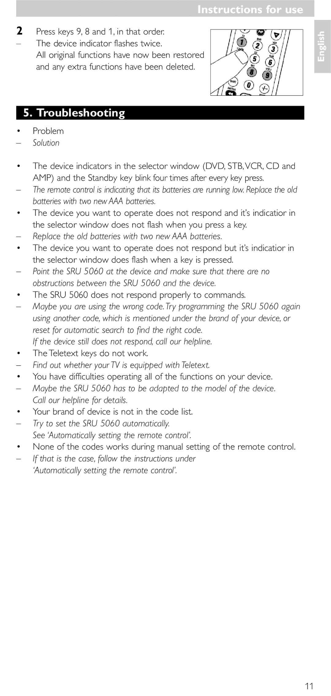 Philips SRU 5086 manual Troubleshooting, Solution, Replace the old batteries with two new AAA batteries 