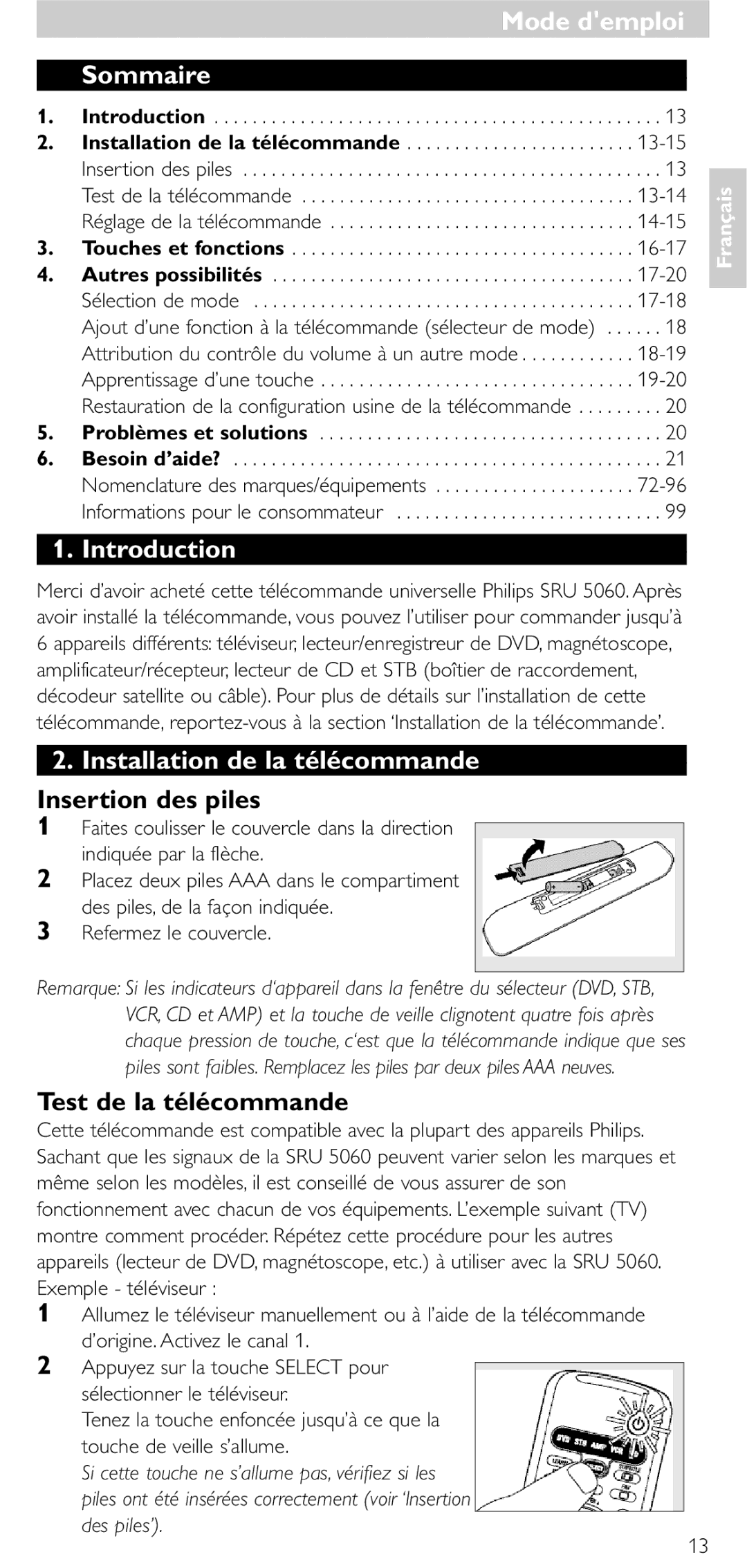 Philips SRU 5086 Mode demploi, Sommaire, Installation de la télécommande, Insertion des piles, Test de la télécommande 