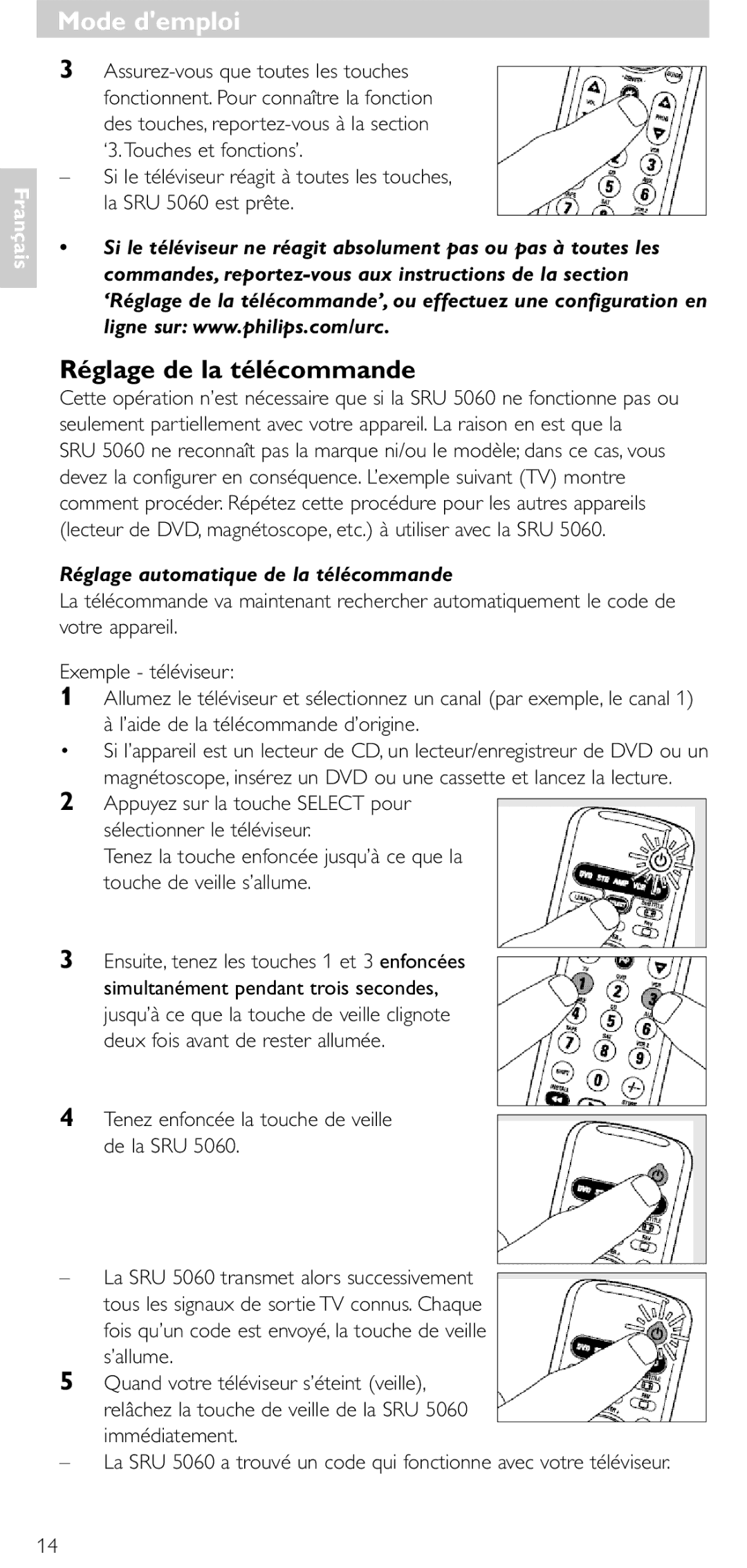 Philips SRU 5086 manual Mode demploi’, Réglage de la télécommande, Réglage automatique de la télécommande 