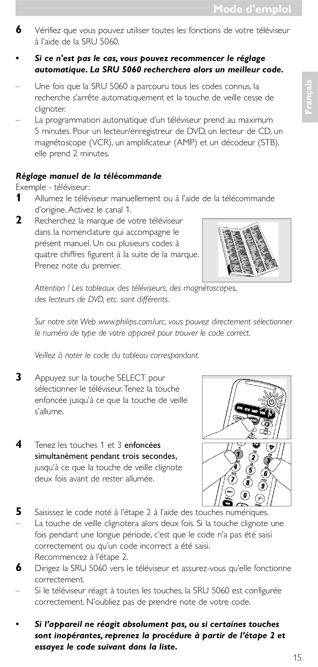 Philips SRU 5086 manual Réglage manuel de la télécommande, Veillez à noter le code du tableau correspondant 