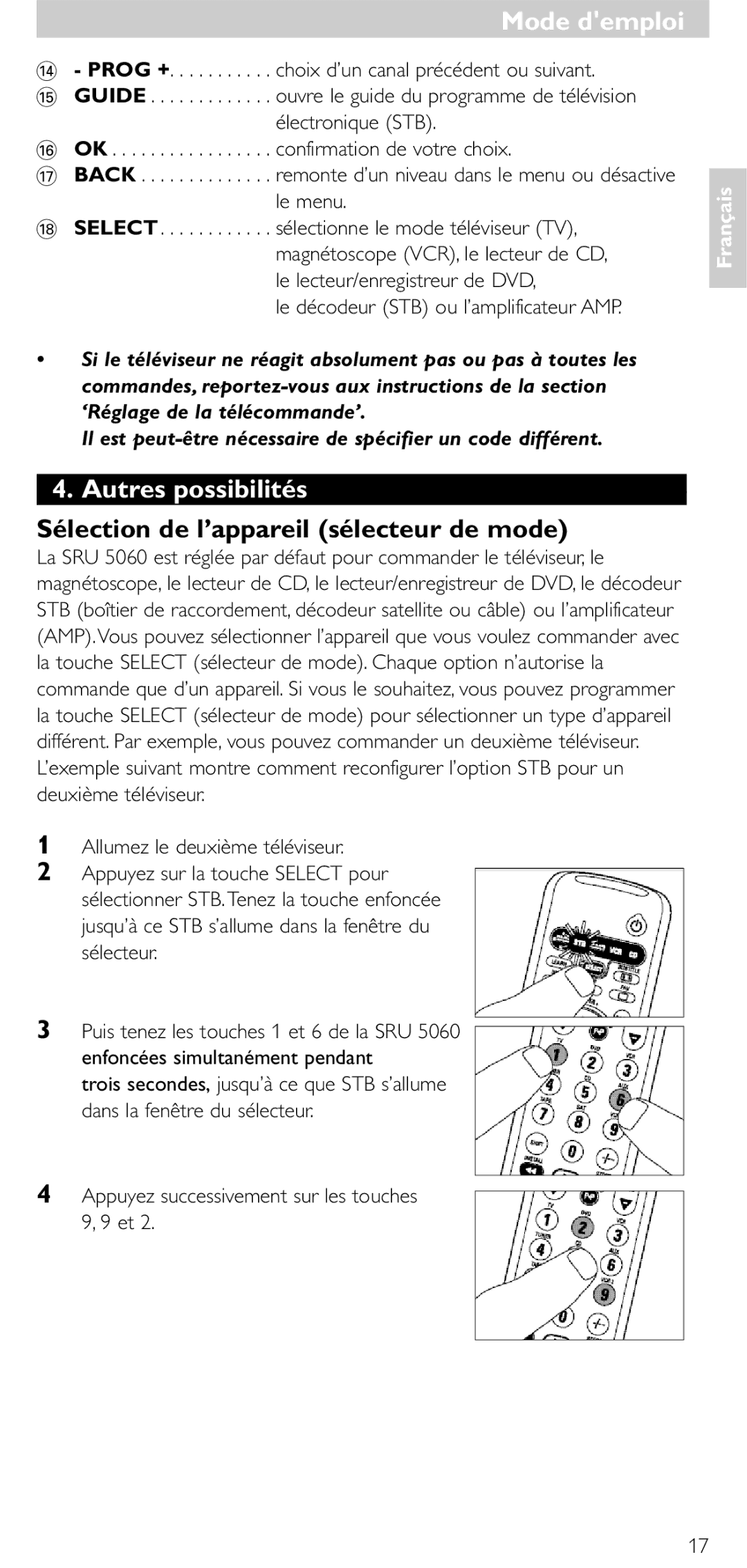 Philips SRU 5086 manual Mode d’emploi Mode demploi, Autres possibilités, Sélection de l’appareil sélecteur de mode 