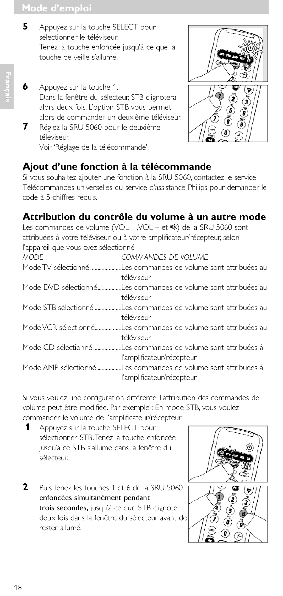 Philips SRU 5086 Ajout d’une fonction à la télécommande, Attribution du contrôle du volume à un autre mode, Téléviseur 