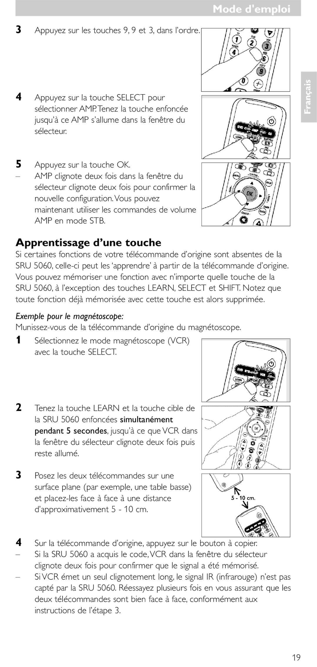 Philips SRU 5086 manual Apprentissage d’une touche, Exemple pour le magnétoscope 