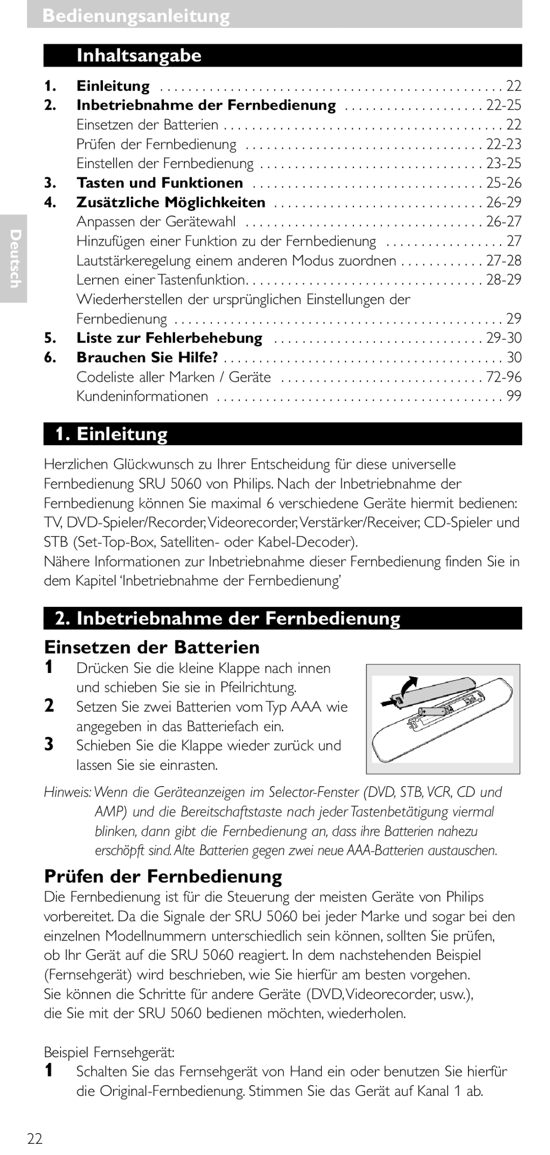 Philips SRU 5086 Bedienungsanleitung Inhaltsangabe, Einleitung, Inbetriebnahme der Fernbedienung, Einsetzen der Batterien 