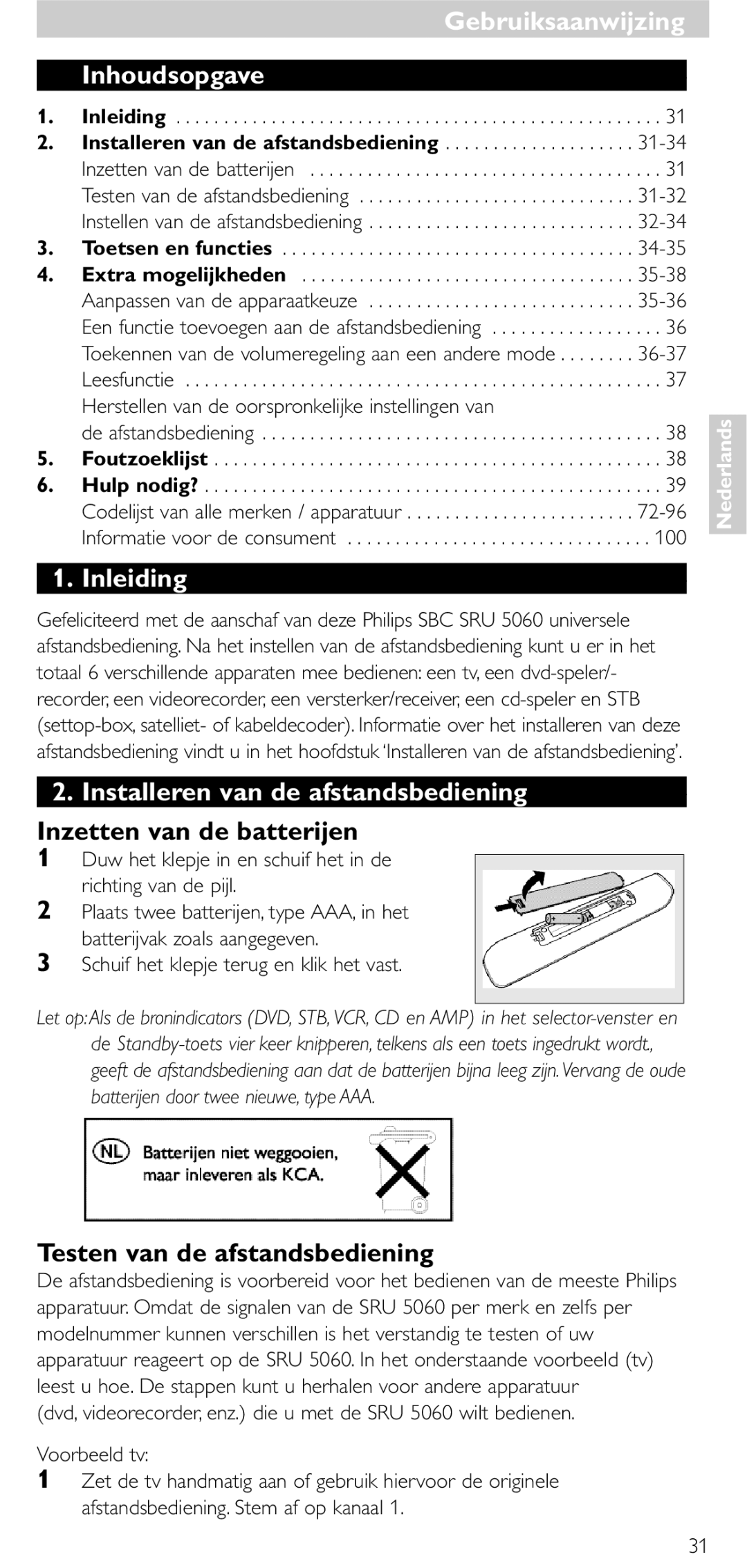 Philips SRU 5086 manual Inhoudsopgave, Inleiding, Installeren van de afstandsbediening, Inzetten van de batterijen 