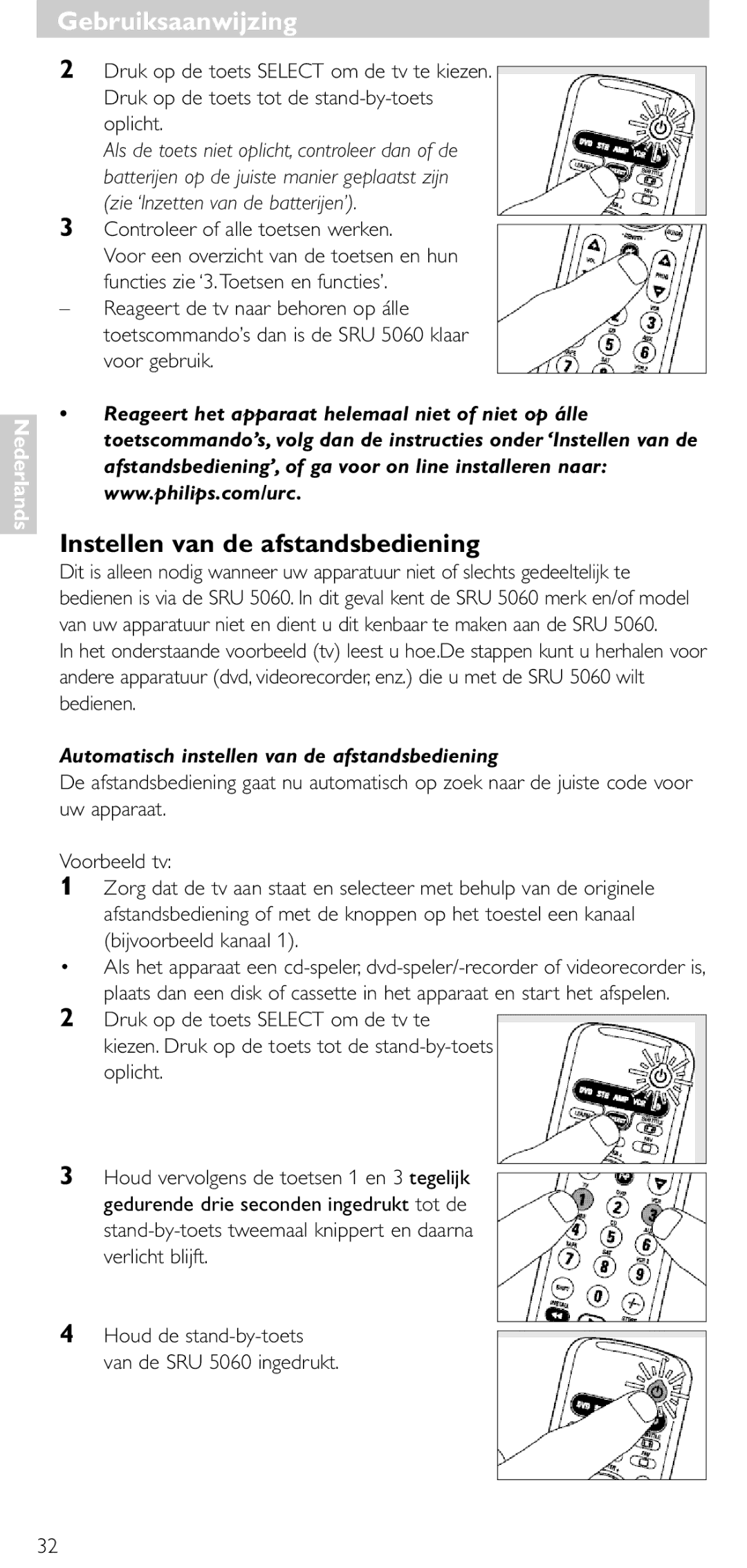 Philips SRU 5086 manual GebruiksaanwijzingGebruiksaanwijzing, Instellen van de afstandsbediening 