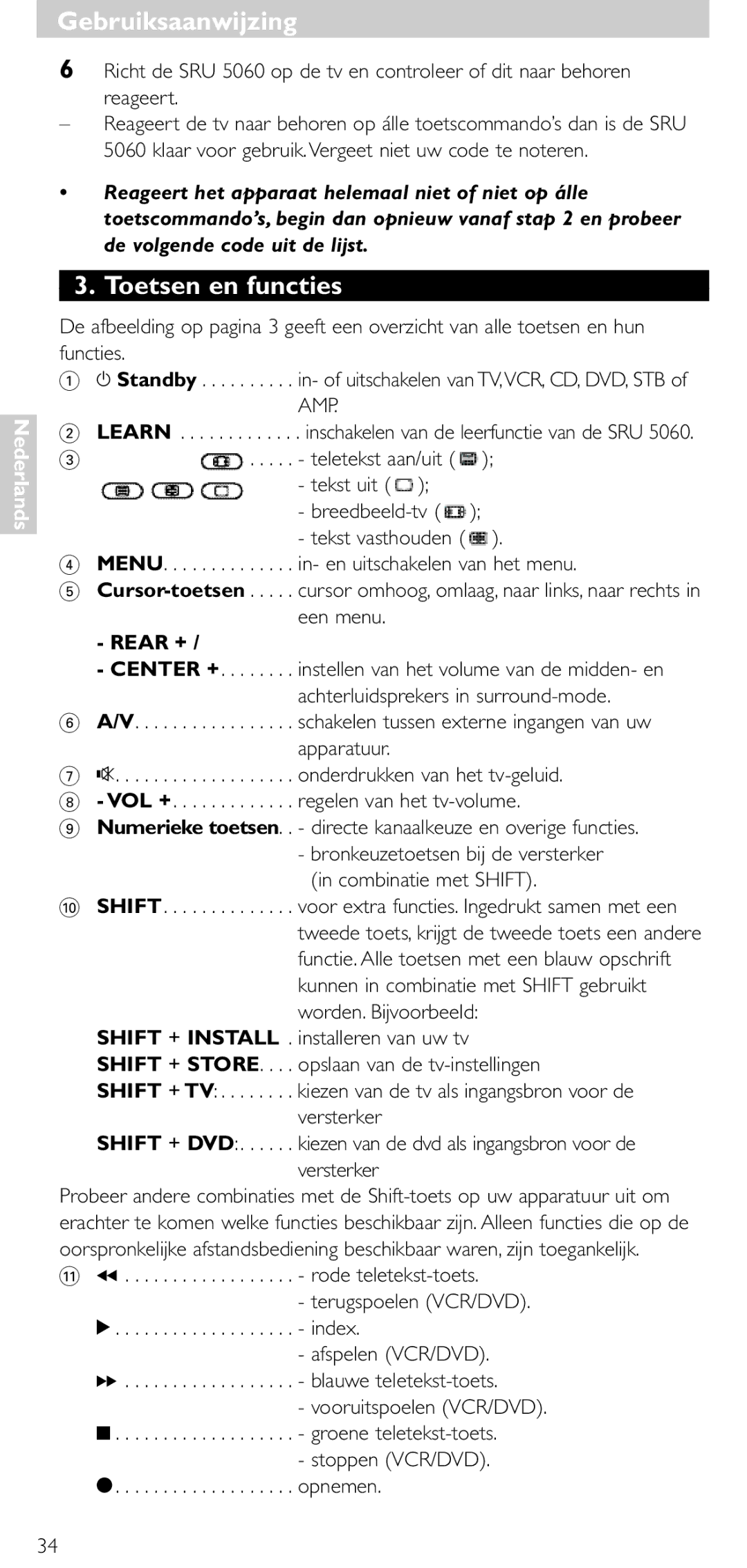 Philips SRU 5086 manual Toetsen en functies 