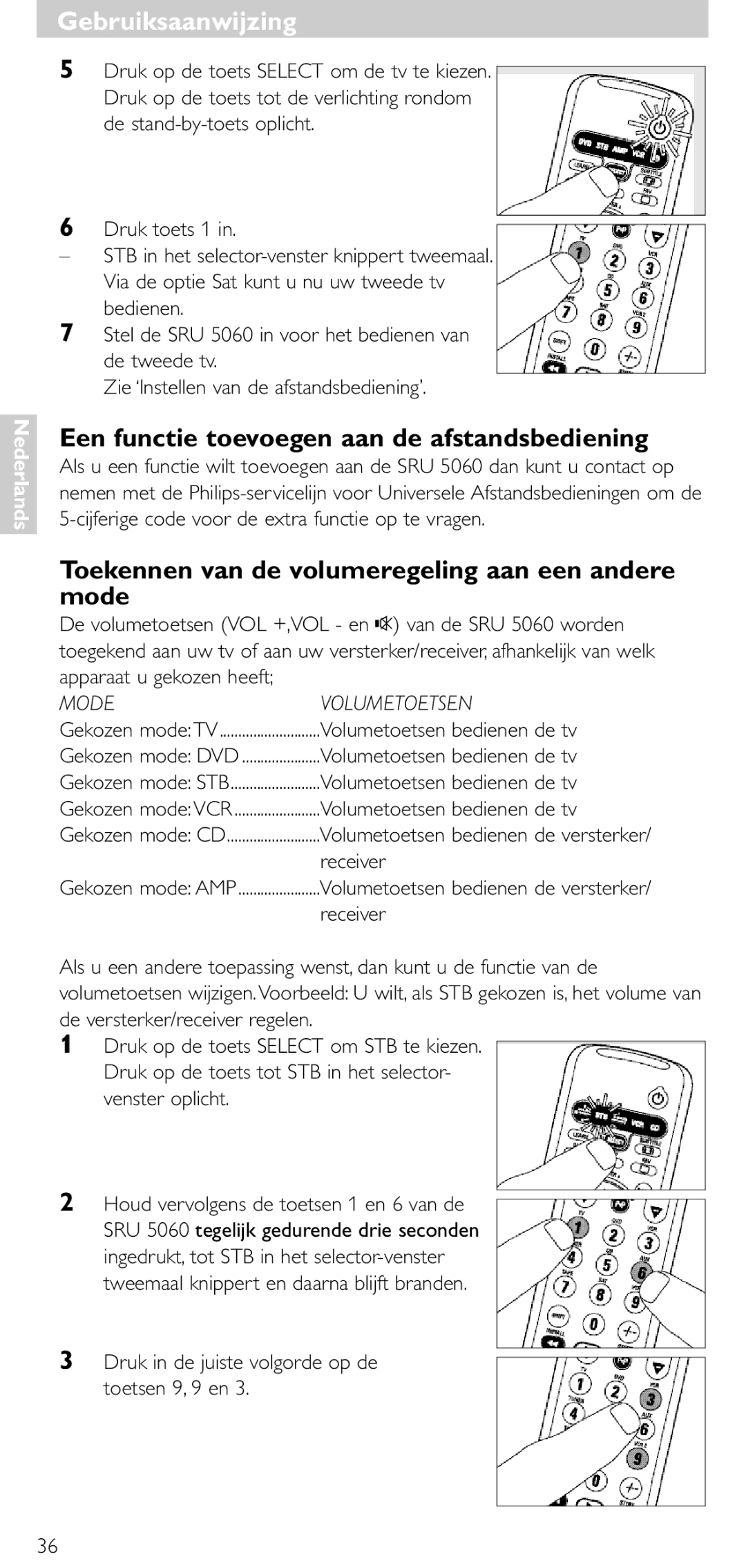 Philips SRU 5086 manual Een functie toevoegen aan de afstandsbediening, Toekennen van de volumeregeling aan een andere mode 