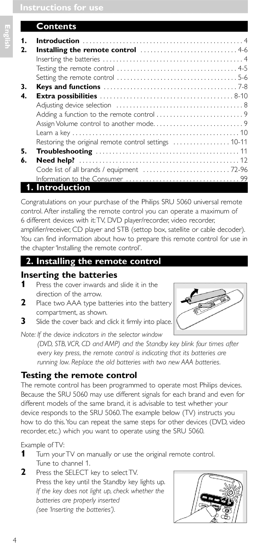 Philips SRU 5086 manual Instructions for use Contents, Introduction, Installing the remote control 