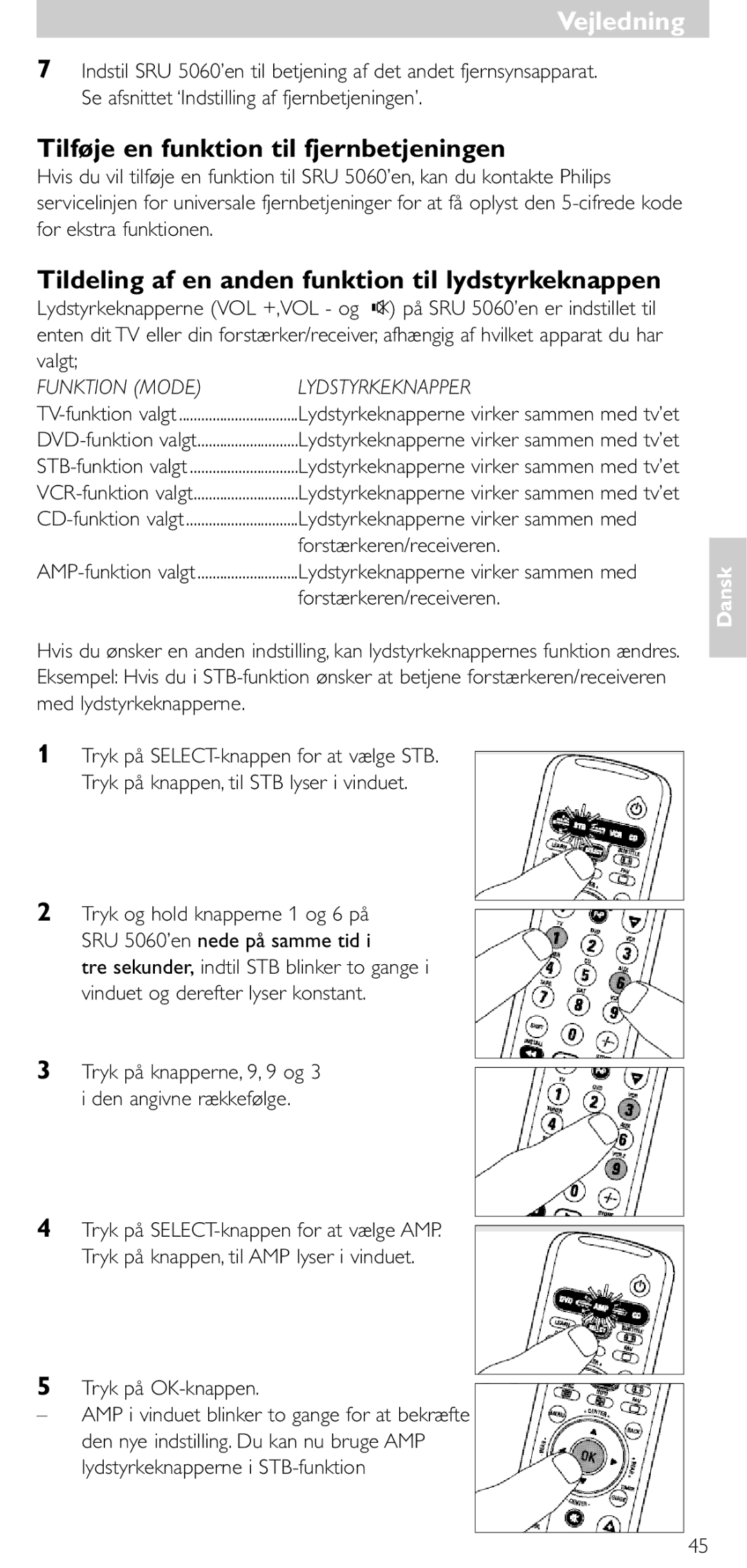 Philips SRU 5086 Tilføje en funktion til fjernbetjeningen, Tildeling af en anden funktion til lydstyrkeknappen, Valgt 