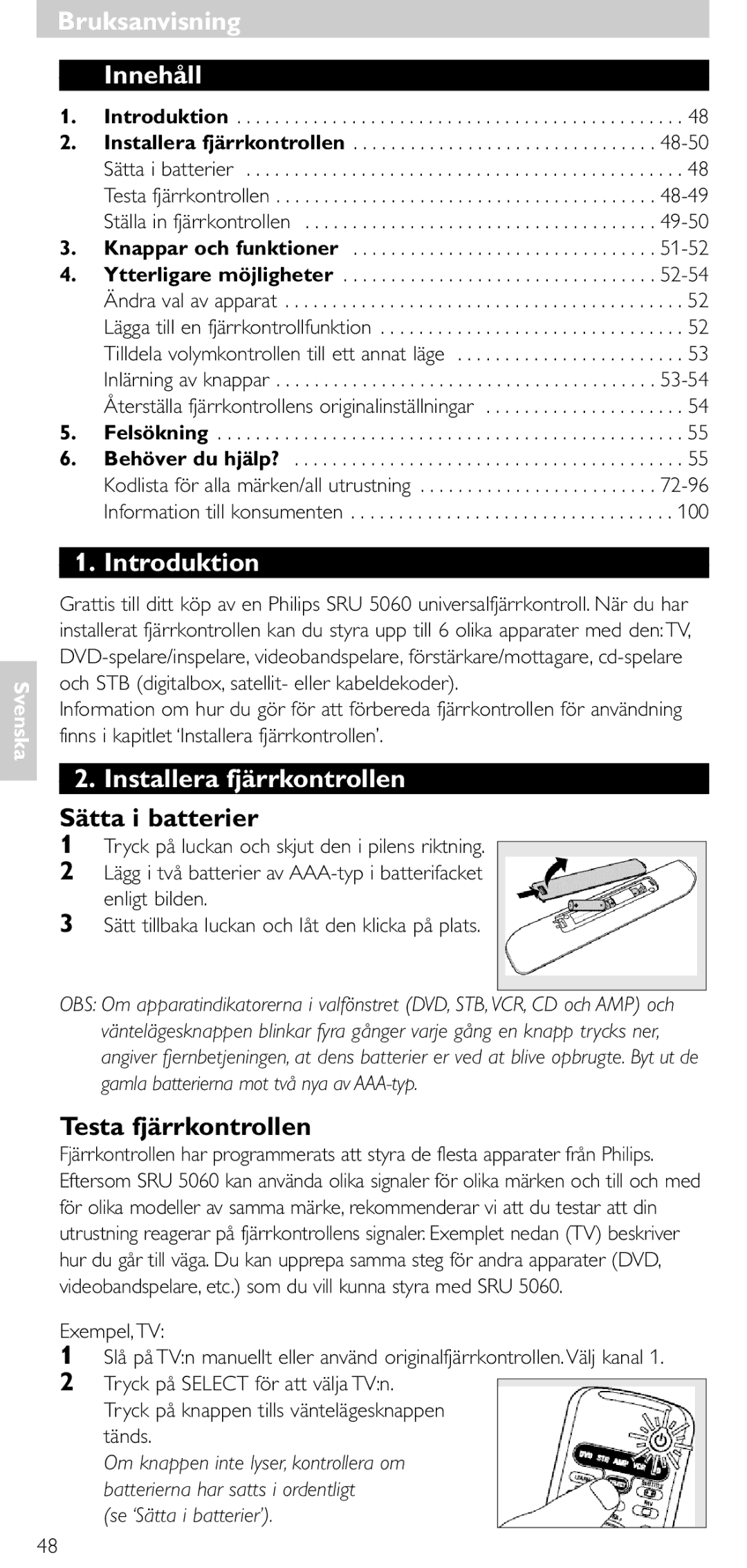 Philips SRU 5086 manual Bruksanvisning, Innehåll, Introduktion, Installera fjärrkontrollen 