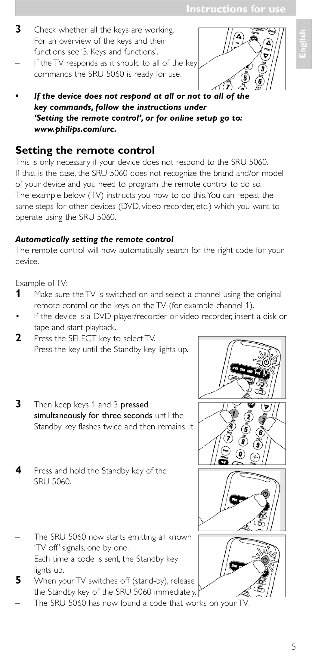 Philips SRU 5086 manual Instructions for use, Setting the remote control, Automatically setting the remote control 