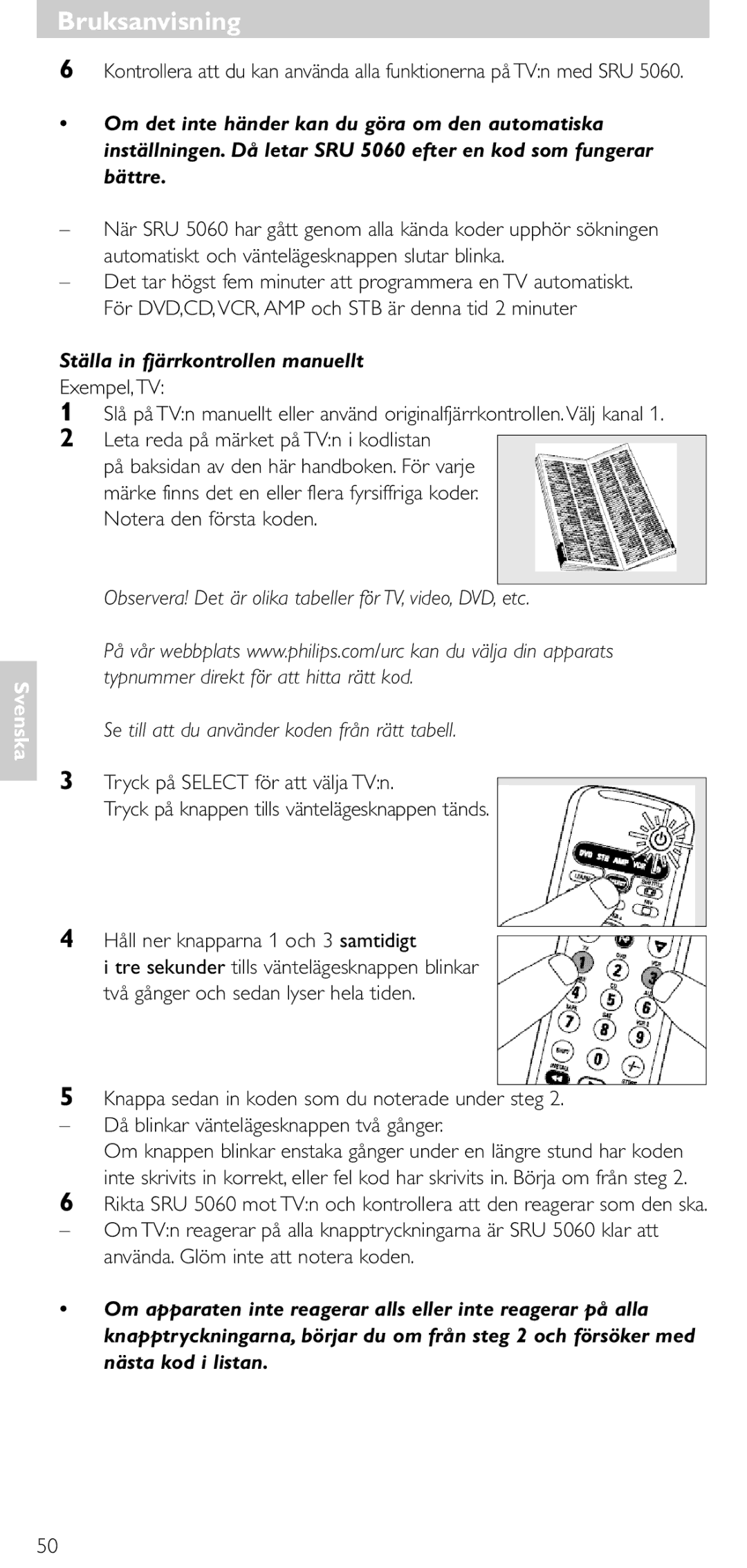 Philips SRU 5086 manual Ställa in fjärrkontrollen manuellt 