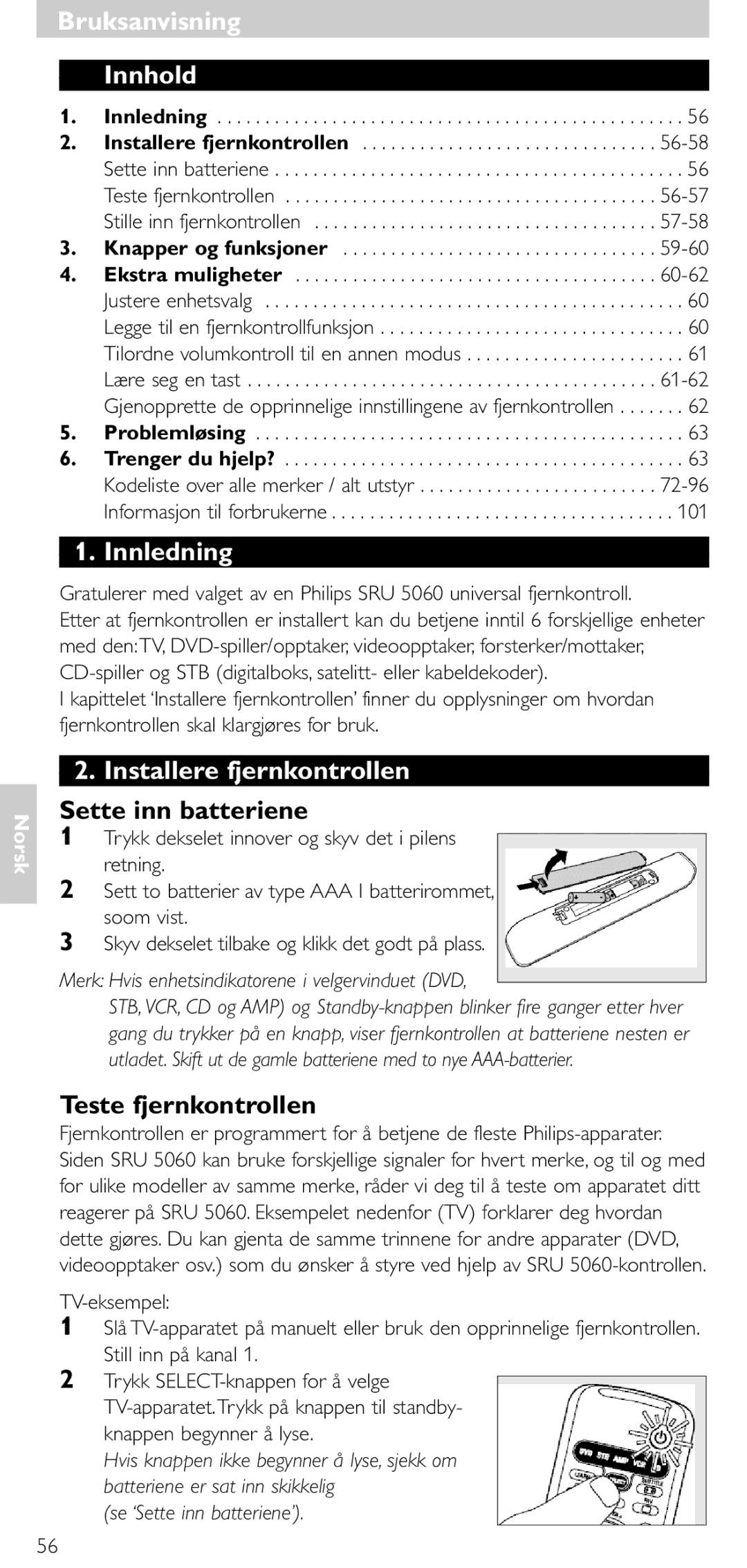 Philips SRU 5086 manual Innhold, Innledning, Installere fjernkontrollen, Sette inn batteriene, Teste fjernkontrollen 