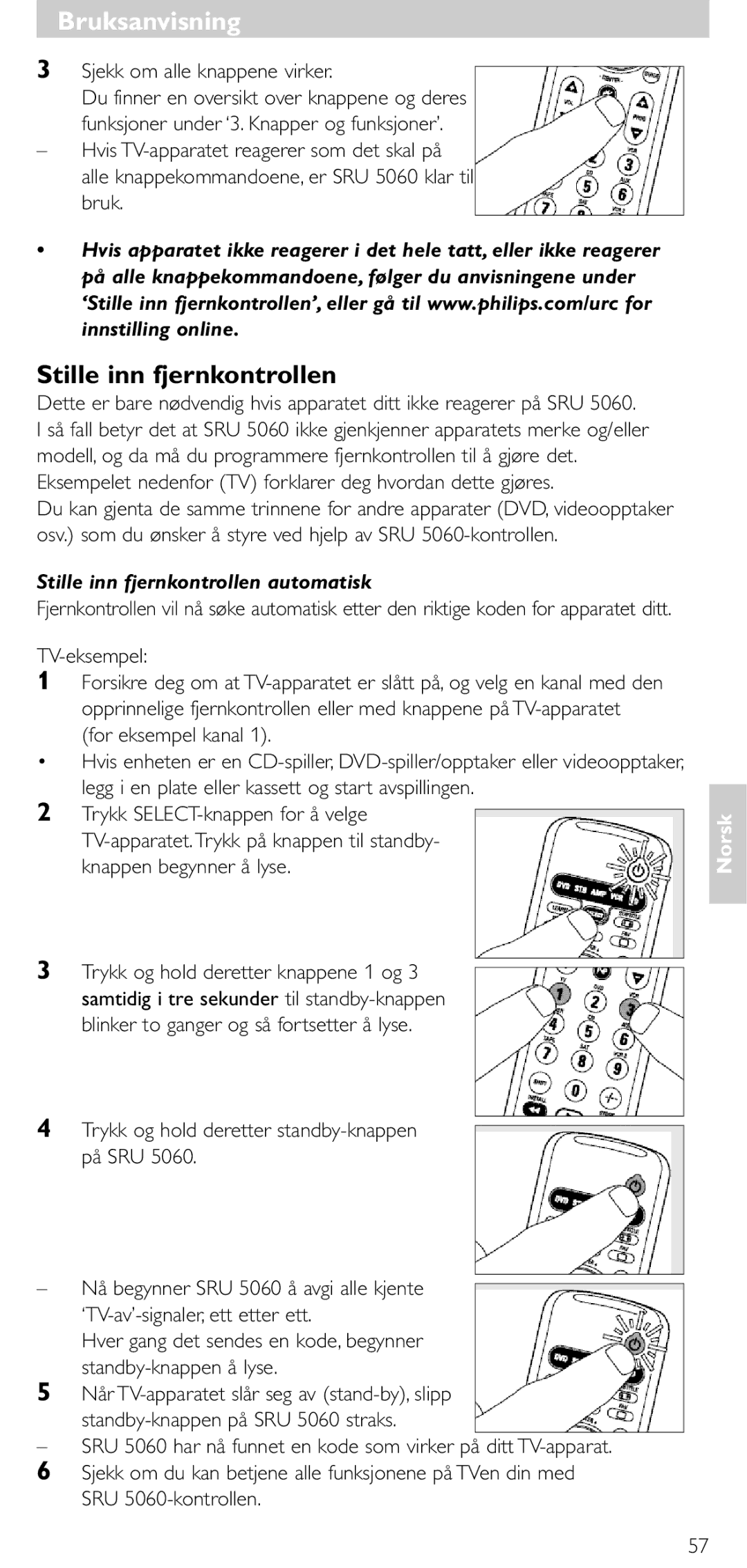 Philips SRU 5086 manual Sjekk om alle knappene virker, Stille inn fjernkontrollen automatisk 