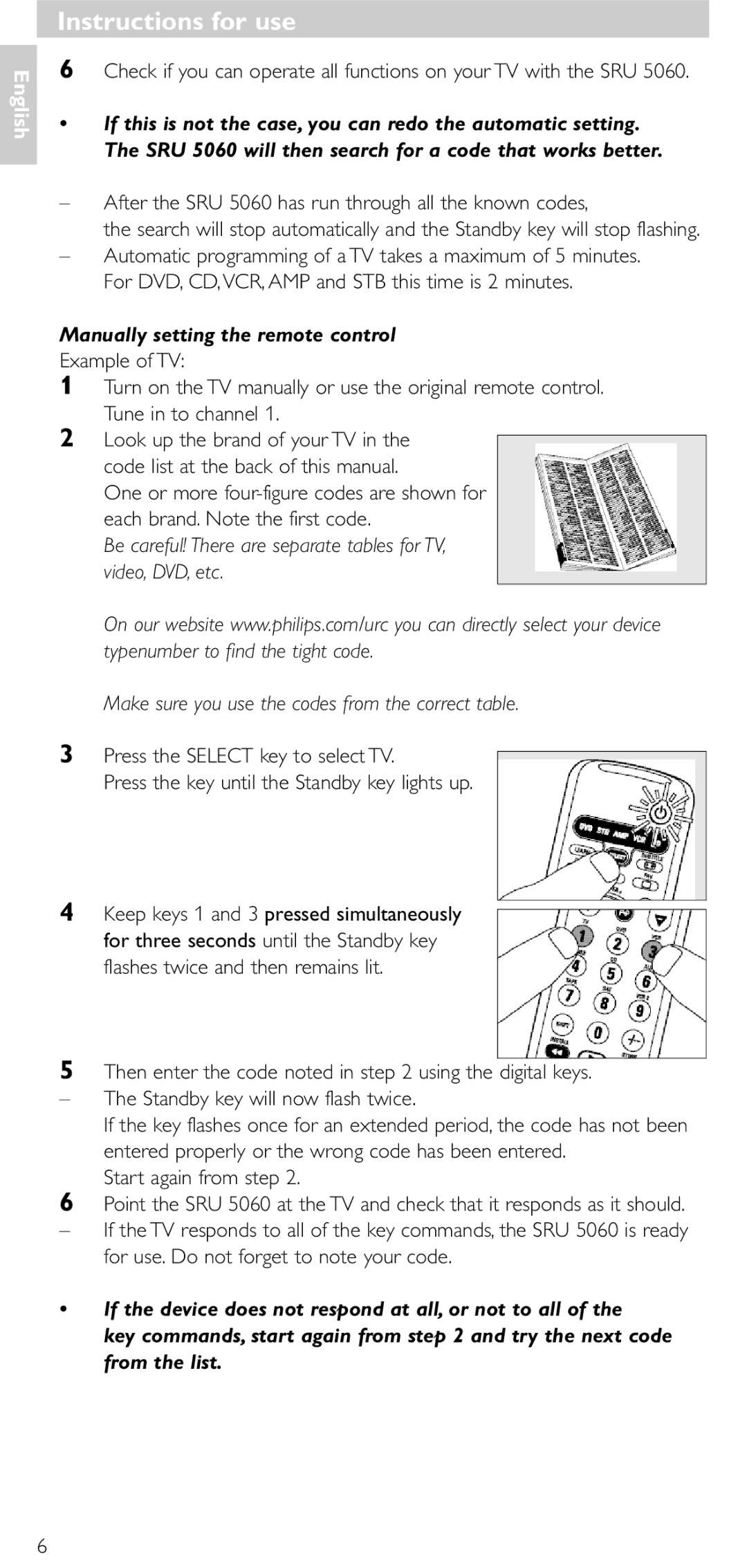 Philips SRU 5086 manual After the SRU 5060 has run through all the known codes, Manually setting the remote control 