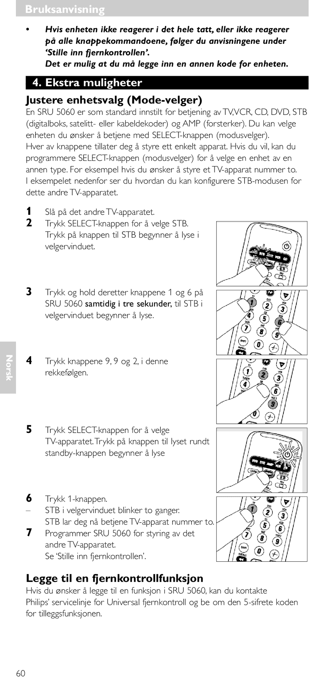 Philips SRU 5086 manual Ekstra muligheter, Justere enhetsvalg Mode-velger, Legge til en fjernkontrollfunksjon 