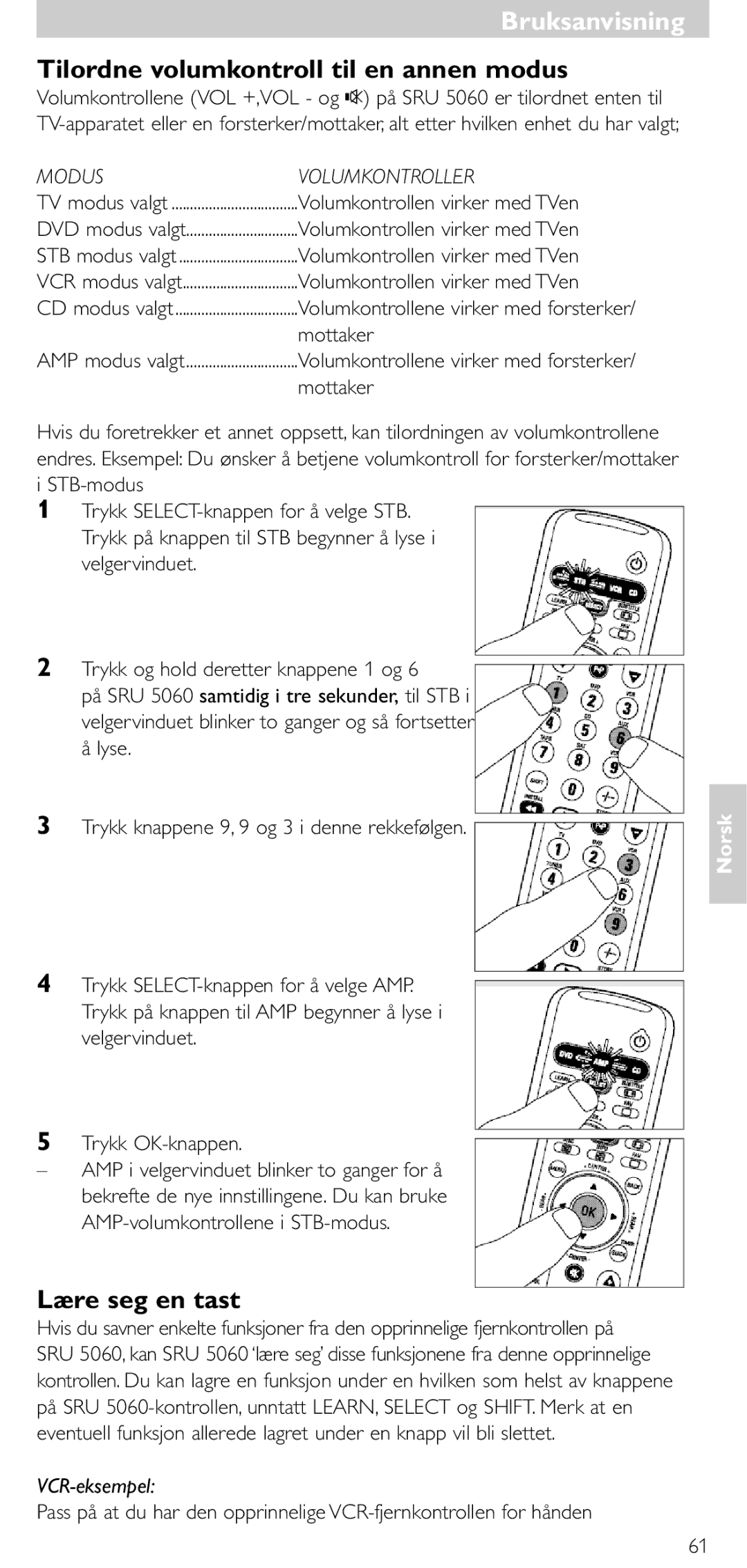 Philips SRU 5086 Tilordne volumkontroll til en annen modus, Lære seg en tast, Volumkontrollen virker med TVen, Mottaker 