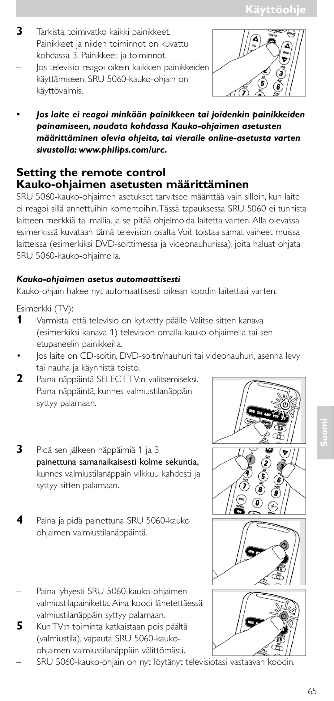 Philips SRU 5086 manual Käyttöohje, Kauko-ohjaimen asetus automaattisesti 