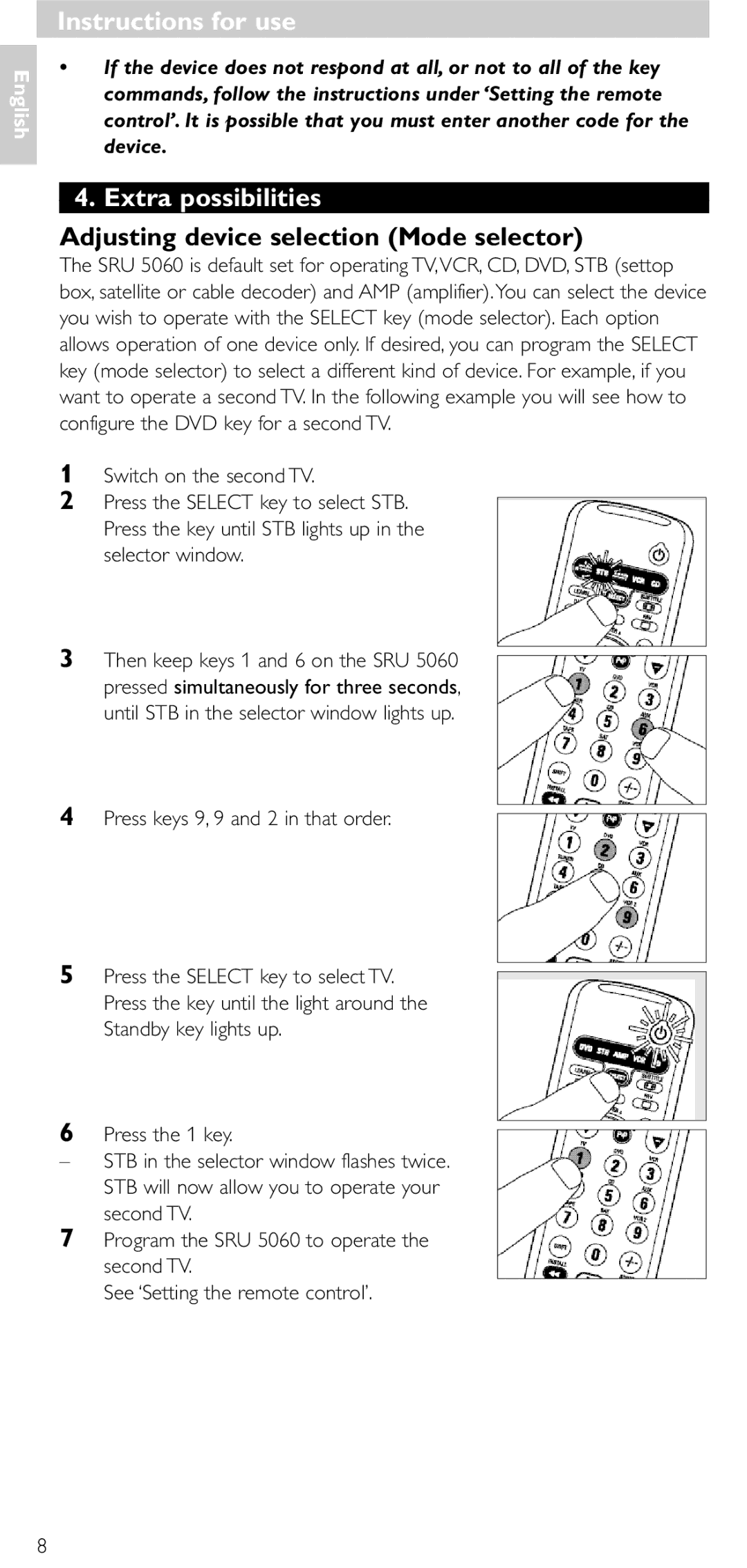 Philips SRU 5086 manual Extra possibilities, Adjusting device selection Mode selector 