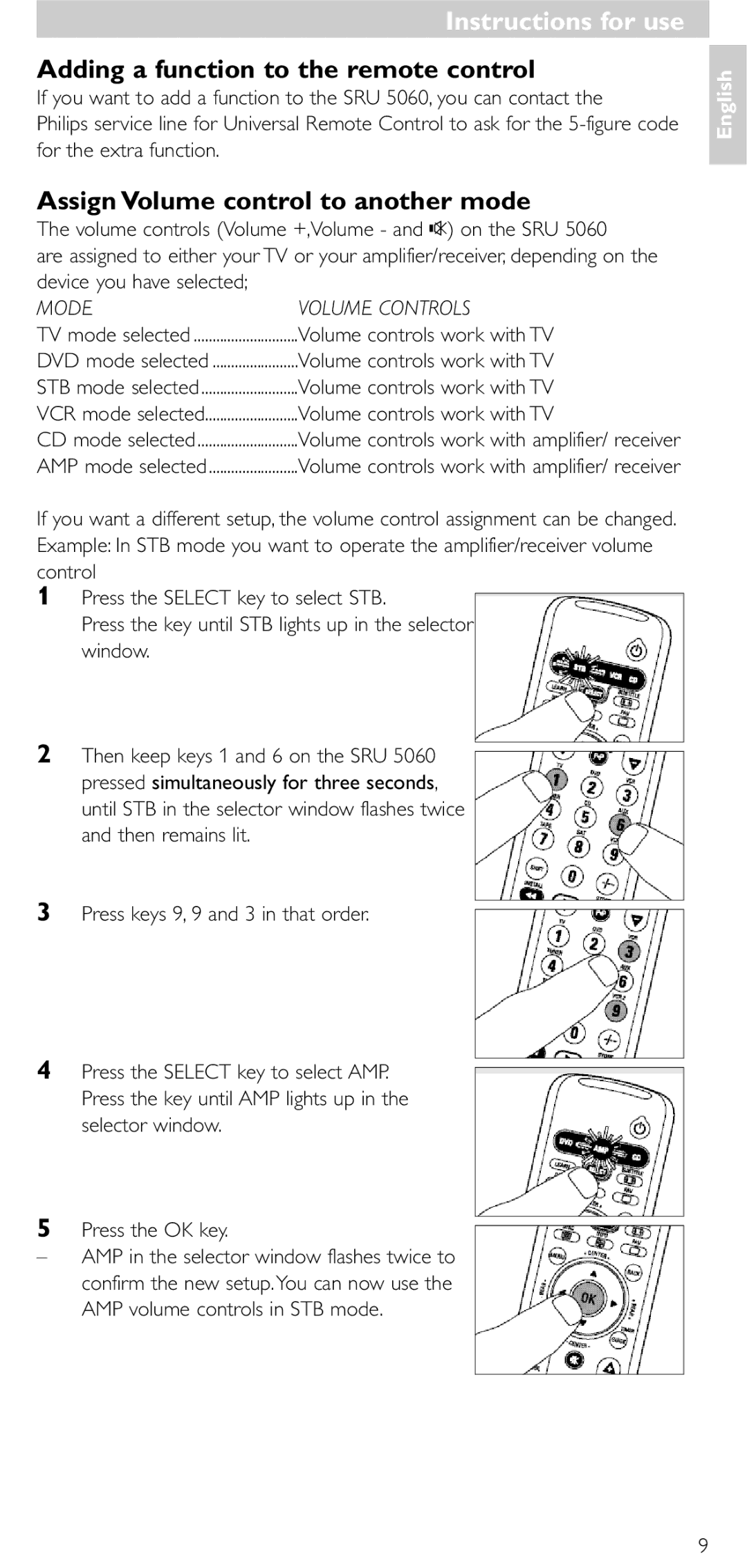 Philips SRU 5086 manual Adding a function to the remote control, Assign Volume control to another mode 