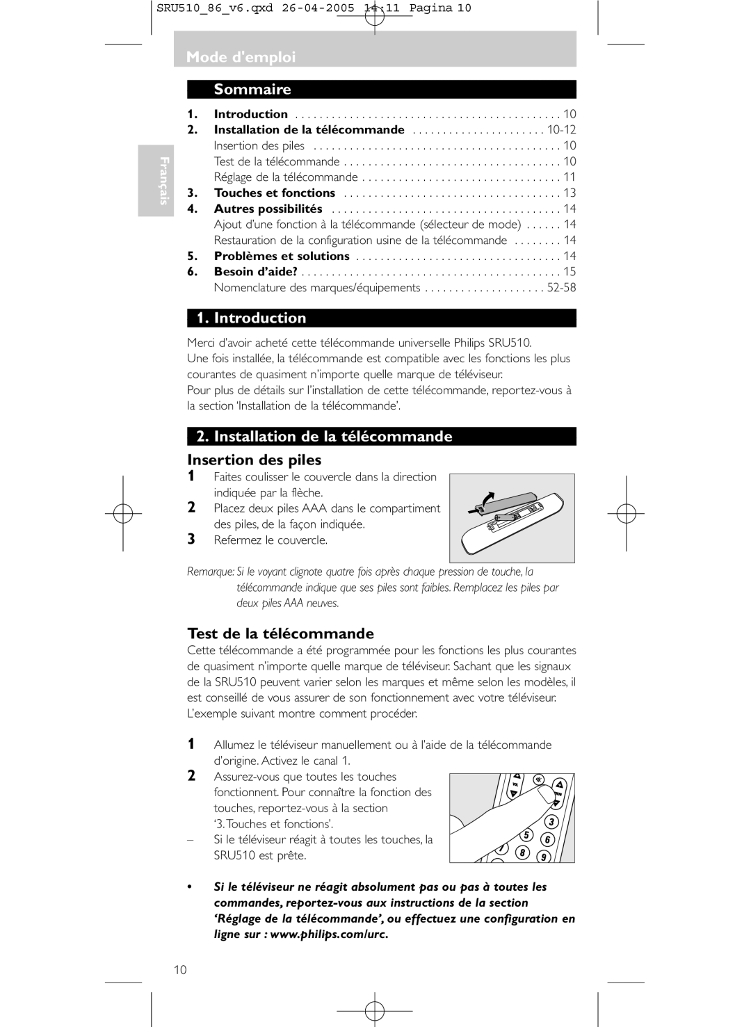 Philips SRU 510/86 Mode demploi’ Sommaire, Installation de la télécommande, Insertion des piles, Test de la télécommande 