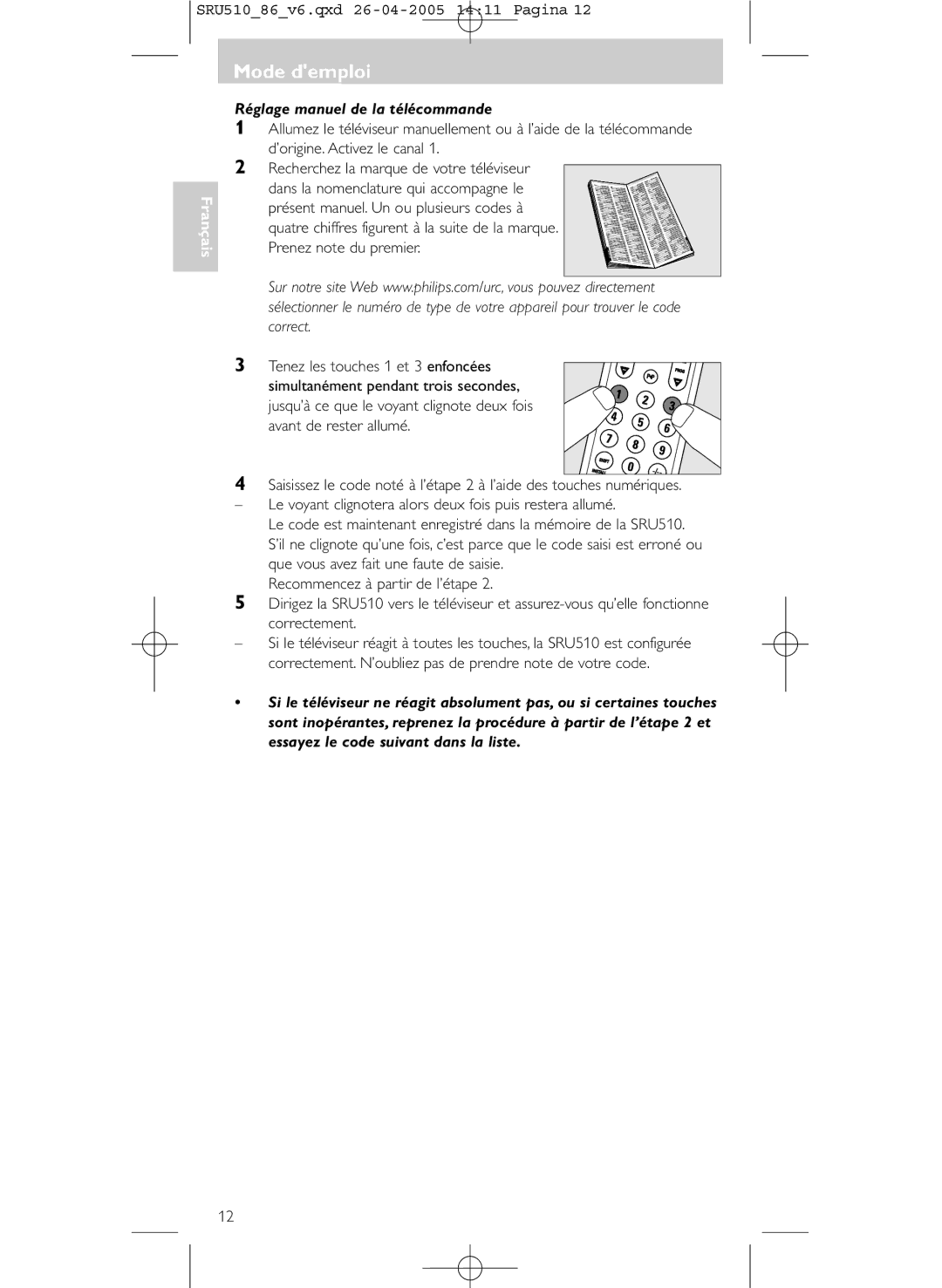 Philips SRU 510/86 manual Mode demploi’, Réglage manuel de la télécommande 