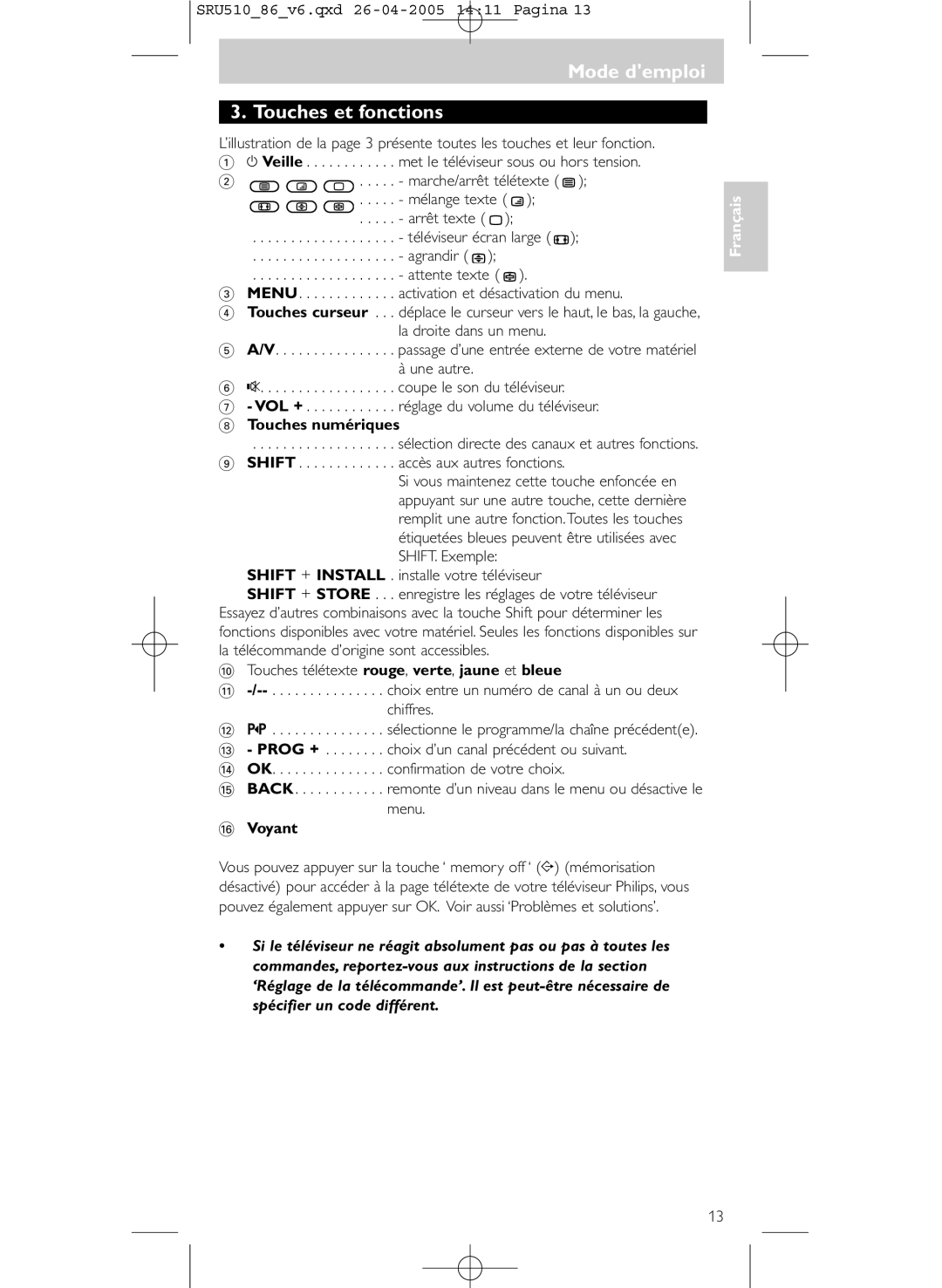 Philips SRU 510/86 manual Mode demploi Touches et fonctions, Marche/arrêt télétexte Mélange texte Arrêt texte 