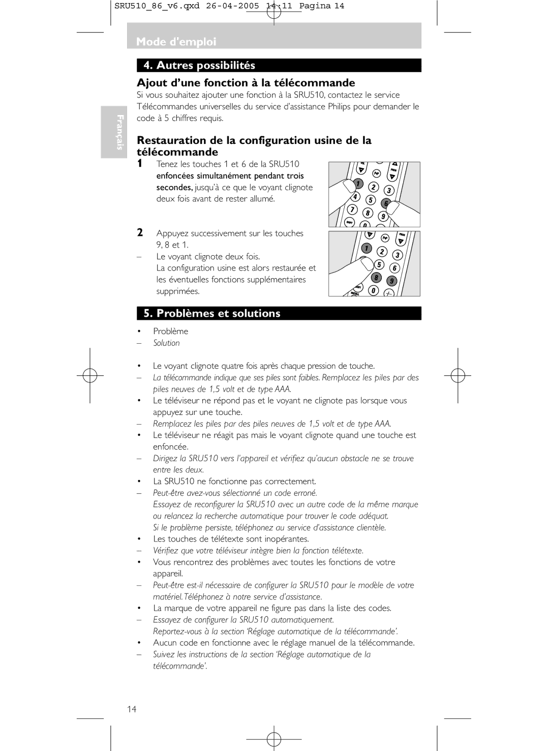 Philips SRU 510/86 manual Mode demploi’ Autres possibilités, Ajout d’une fonction à la télécommande, Problèmes et solutions 