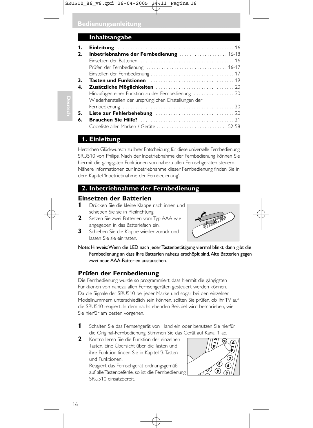 Philips SRU 510/86 manual Bedienungsanleitung, Inhaltsangabe, Einleitung, Inbetriebnahme der Fernbedienung 