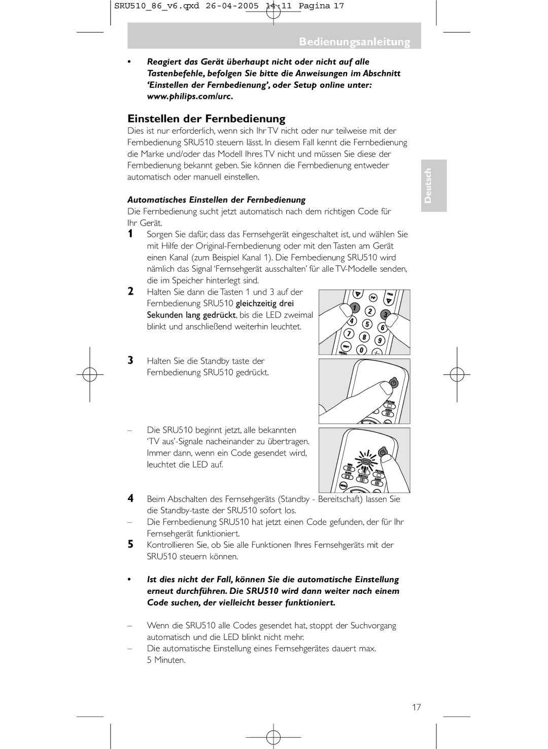 Philips SRU 510/86 manual Bedienungsanleitung Bedienungsanleitung, Einstellen der Fernbedienung 