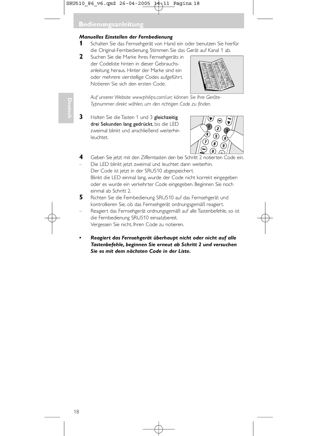 Philips SRU 510/86 manual Manuelles Einstellen der Fernbedienung, Suchen Sie die Marke Ihres Fernsehgeräts 