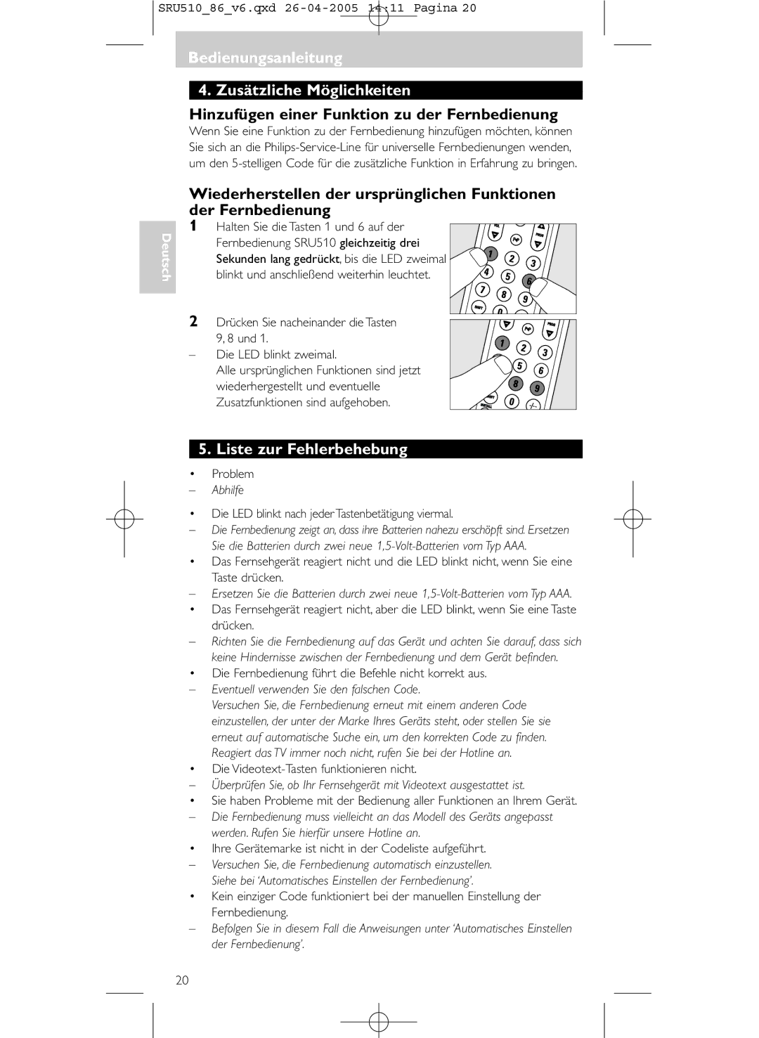 Philips SRU 510/86 manual Hinzufügen einer Funktion zu der Fernbedienung, Liste zur Fehlerbehebung, Abhilfe 