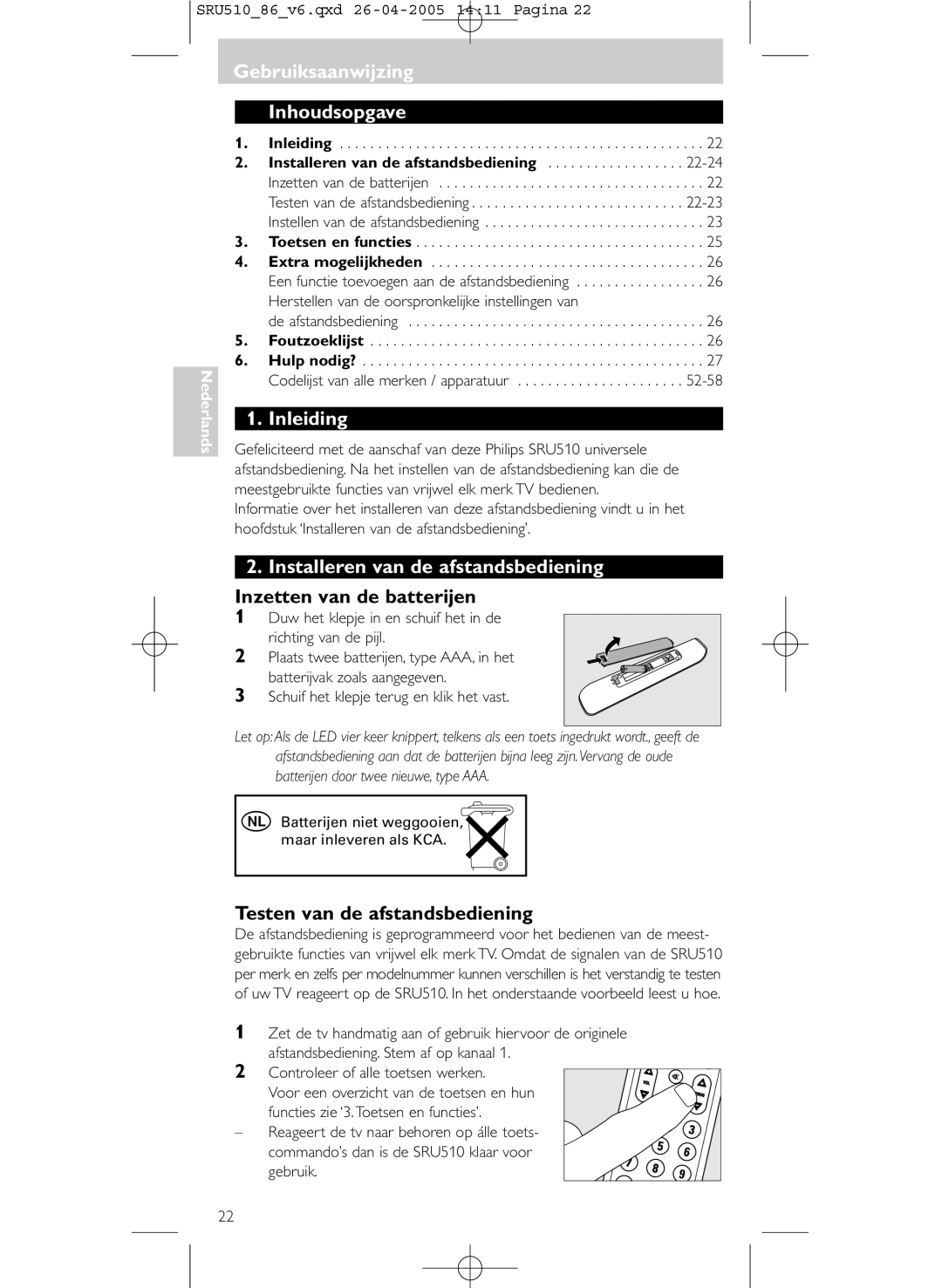 Philips SRU 510/86 manual Gebruiksaanwijzing Inhoudsopgave, Inleiding, Installeren van de afstandsbediening 