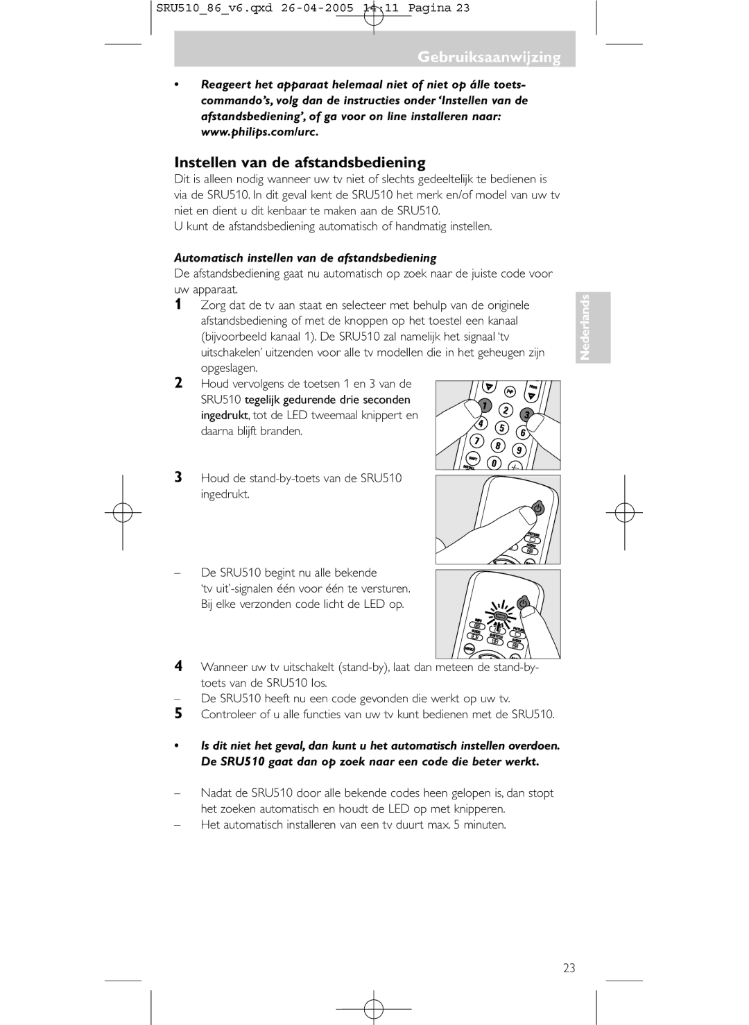 Philips SRU 510/86 Gebruiksaanwijzing, Instellen van de afstandsbediening, Automatisch instellen van de afstandsbediening 