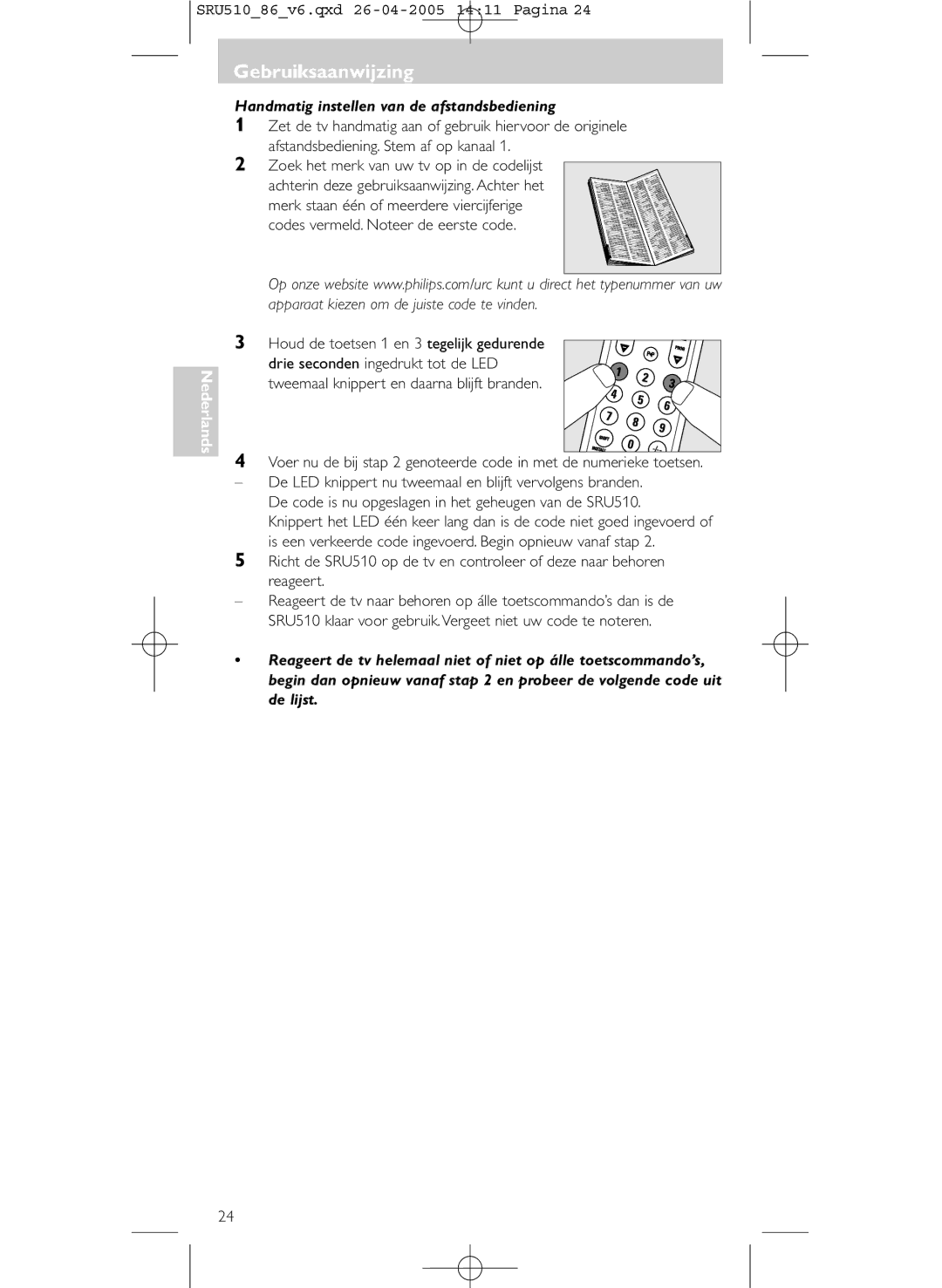 Philips SRU 510/86 manual GebruiksaanwijzingGebruiksaanwijzing, Handmatig instellen van de afstandsbediening 