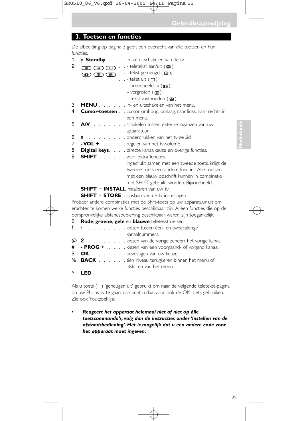 Philips SRU 510/86 manual Gebruiksaanwijzing Toetsen en functies 