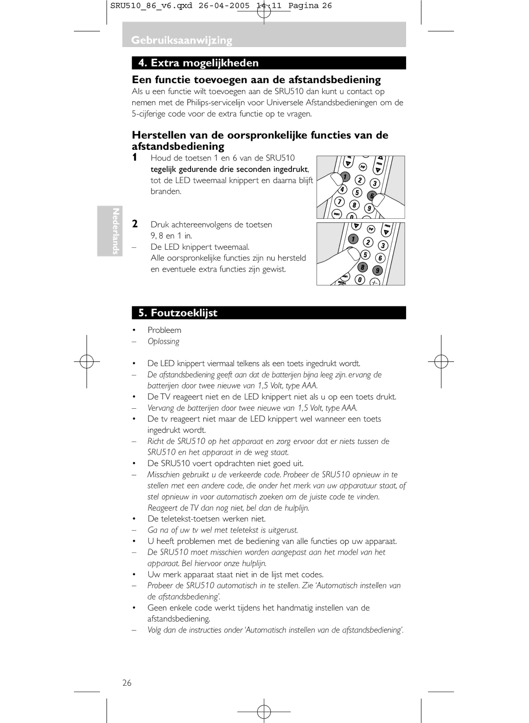 Philips SRU 510/86 manual GebruiksaanwijzingGebruiksaanwijzing Extra mogelijkheden, Foutzoeklijst, Oplossing 