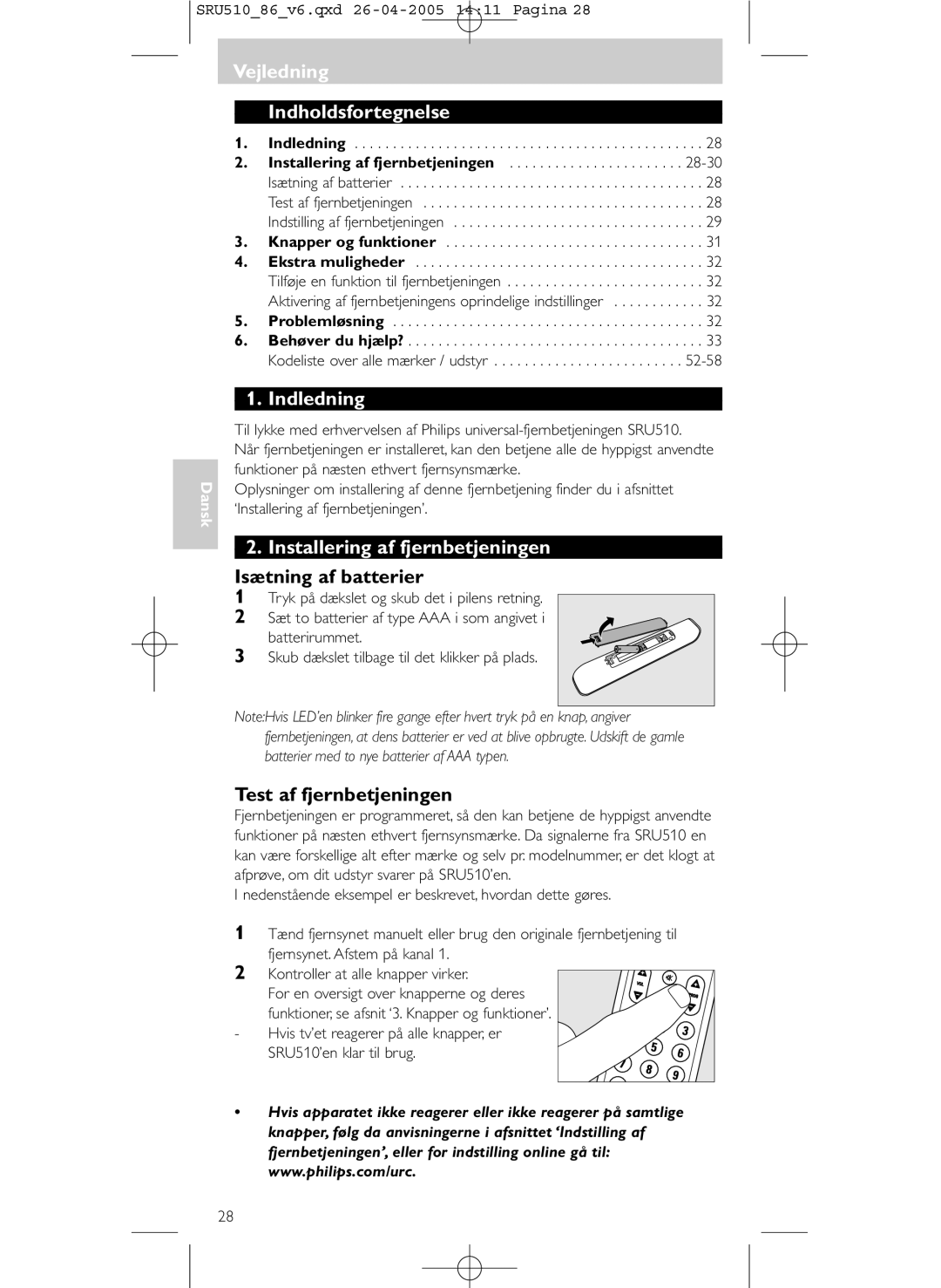 Philips SRU 510/86 manual Vejledning, Indholdsfortegnelse, Indledning, Installering af fjernbetjeningen 