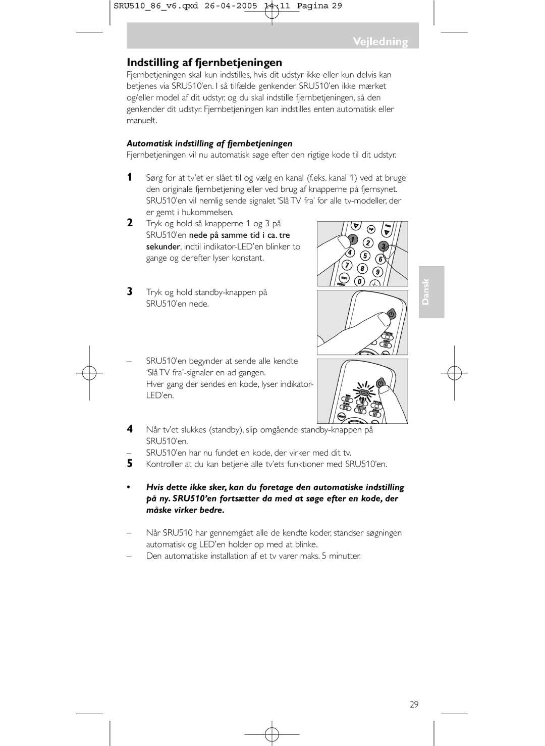 Philips SRU 510/86 manual Indstilling af fjernbetjeningen, Automatisk indstilling af fjernbetjeningen 