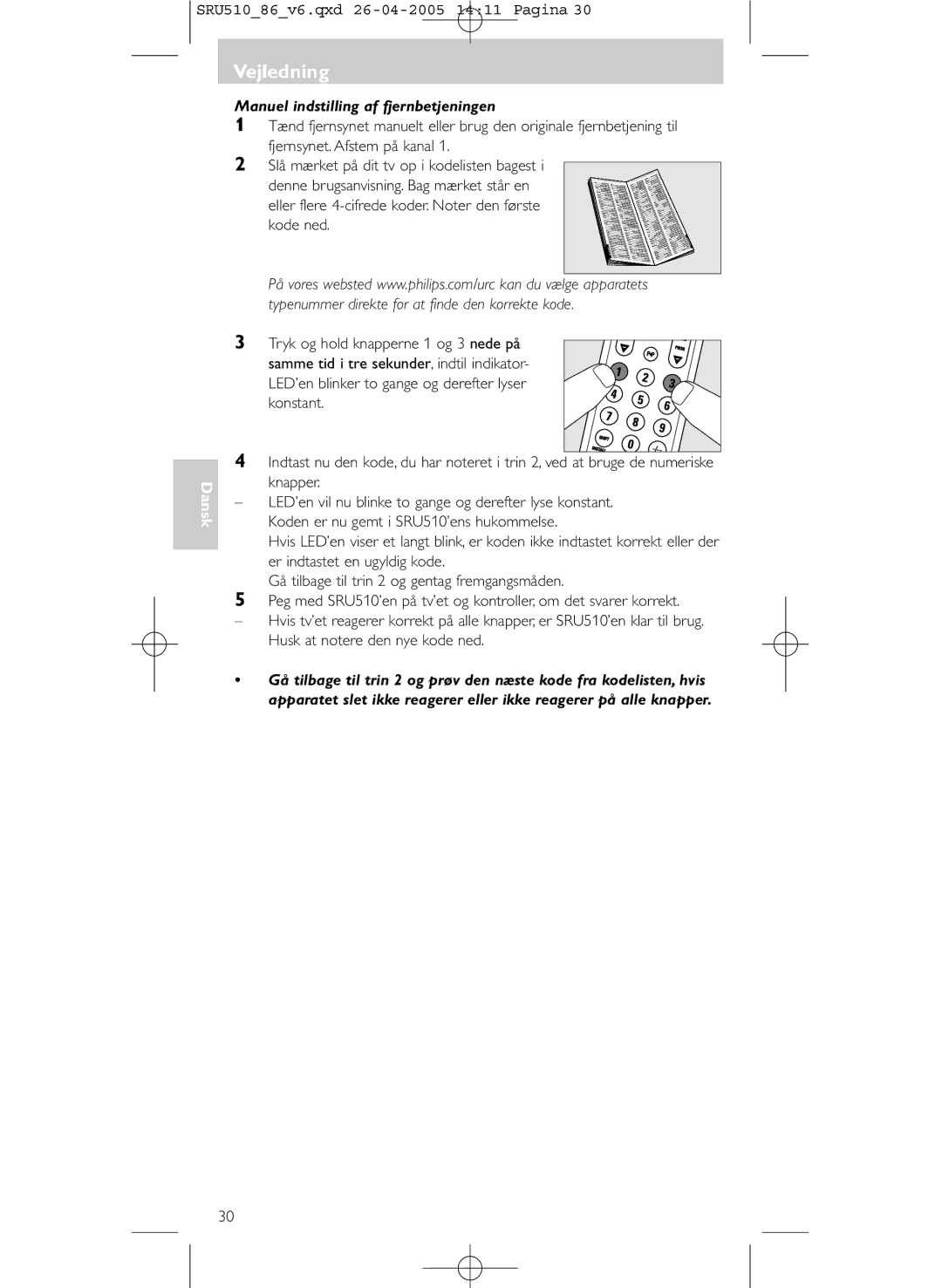 Philips SRU 510/86 manual Manuel indstilling af fjernbetjeningen 