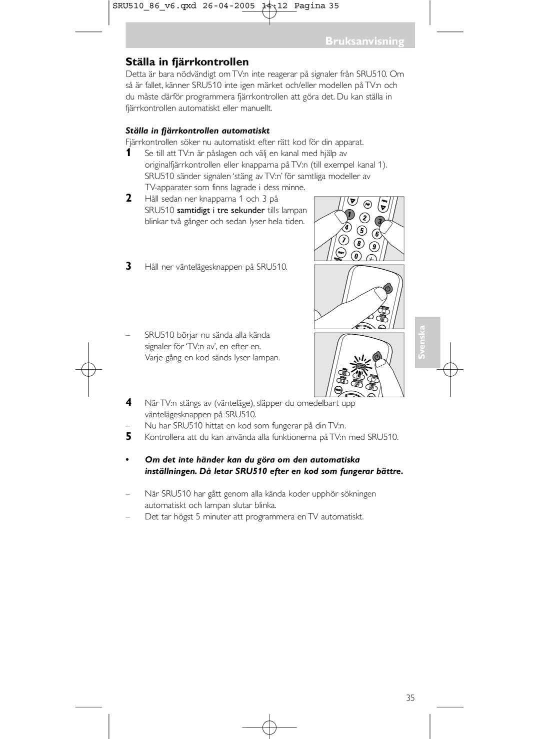 Philips SRU 510/86 manual BruksanvisningBruksanvisning, Ställa in fjärrkontrollen automatiskt 