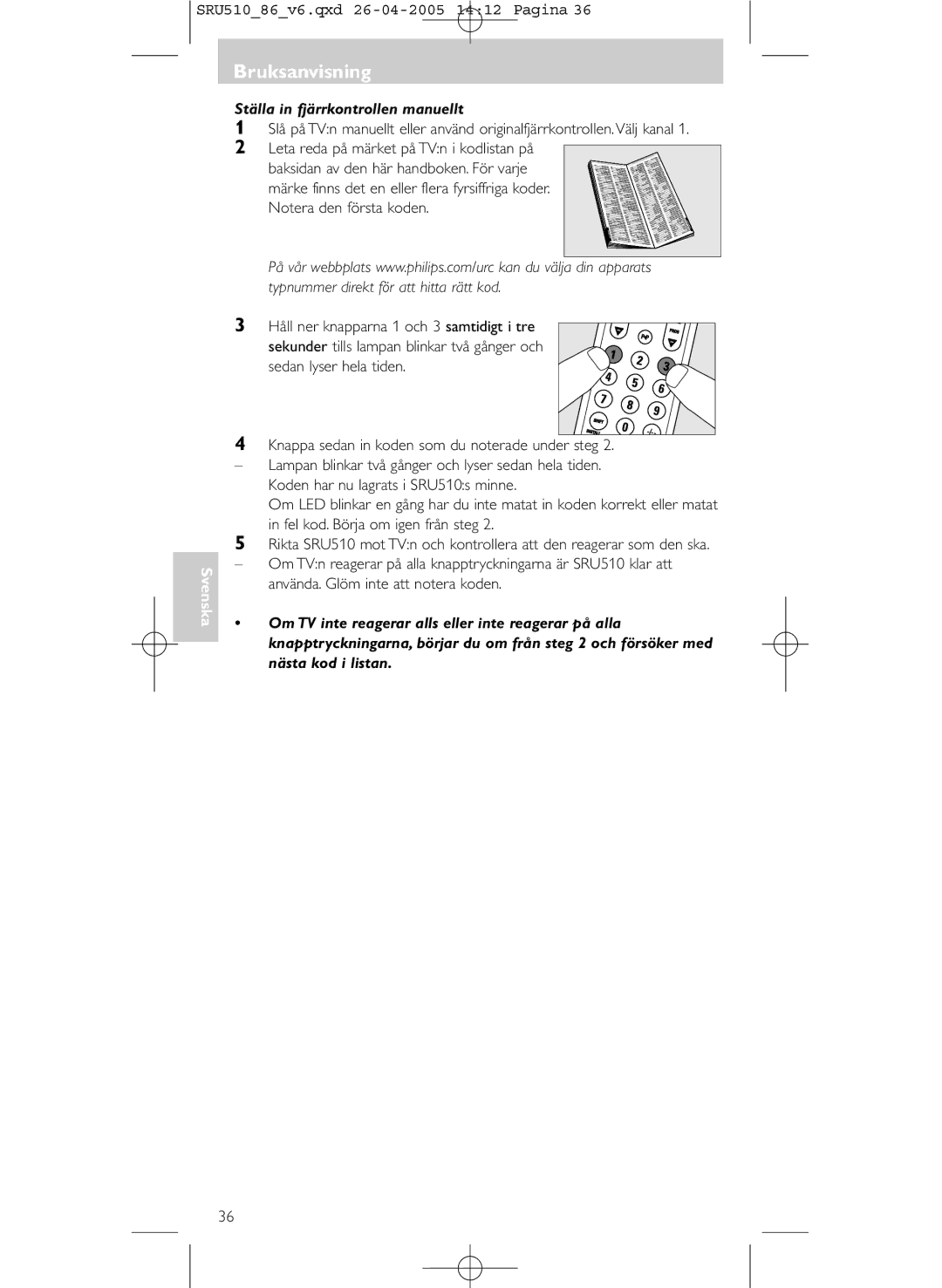 Philips SRU 510/86 manual Ställa in fjärrkontrollen manuellt 