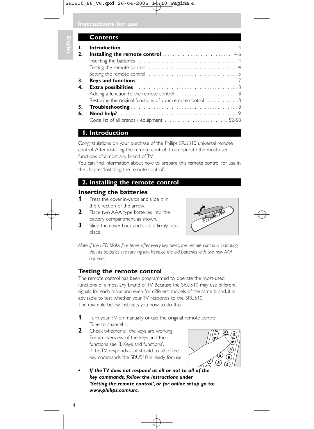 Philips SRU 510/86 manual Instructions for use Contents, Introduction, Installing the remote control 