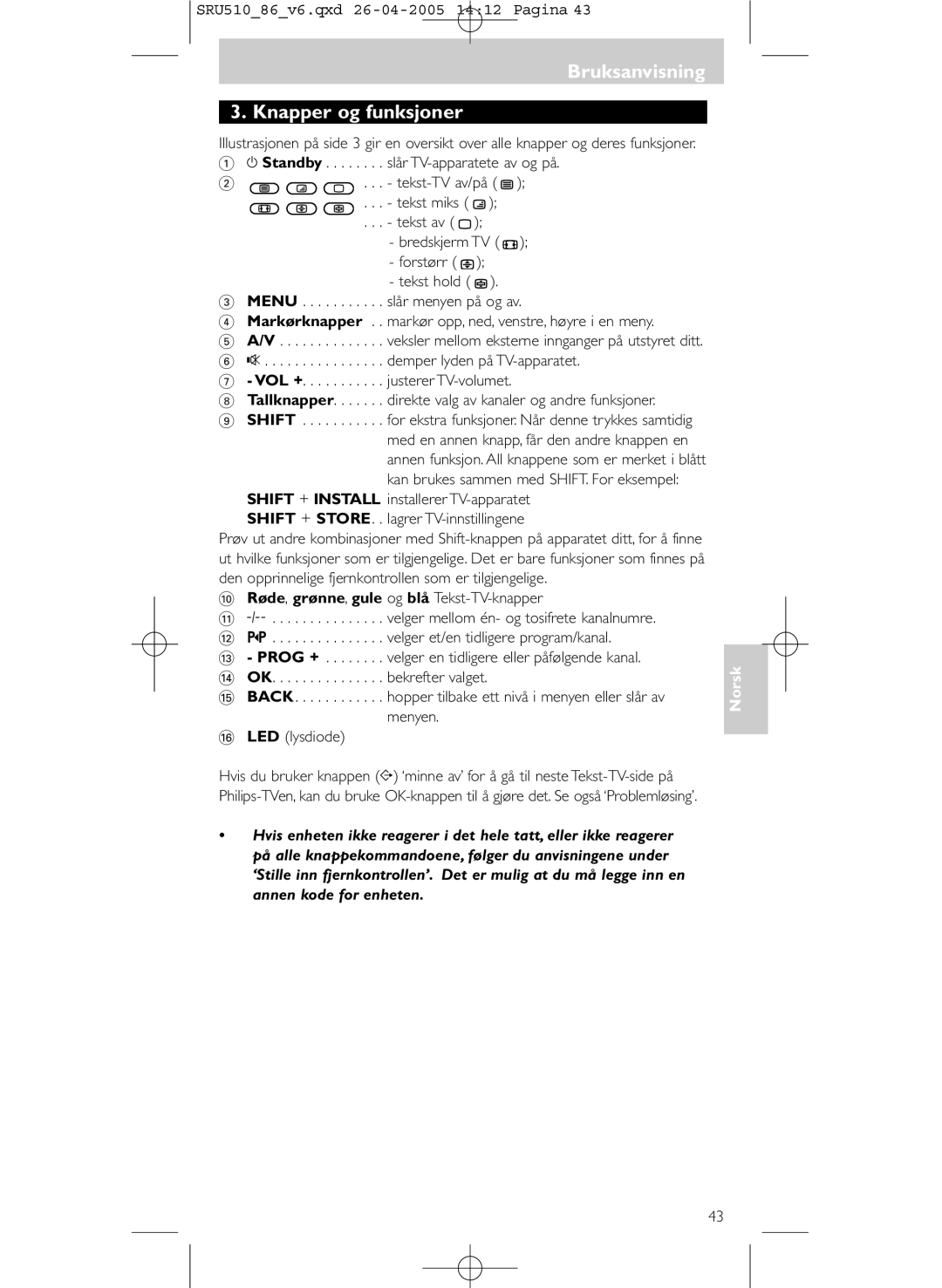 Philips SRU 510/86 manual BruksanvisningBruksanvisning Knapper og funksjoner, Røde, grønne, gule og blå Tekst-TV-knapper 