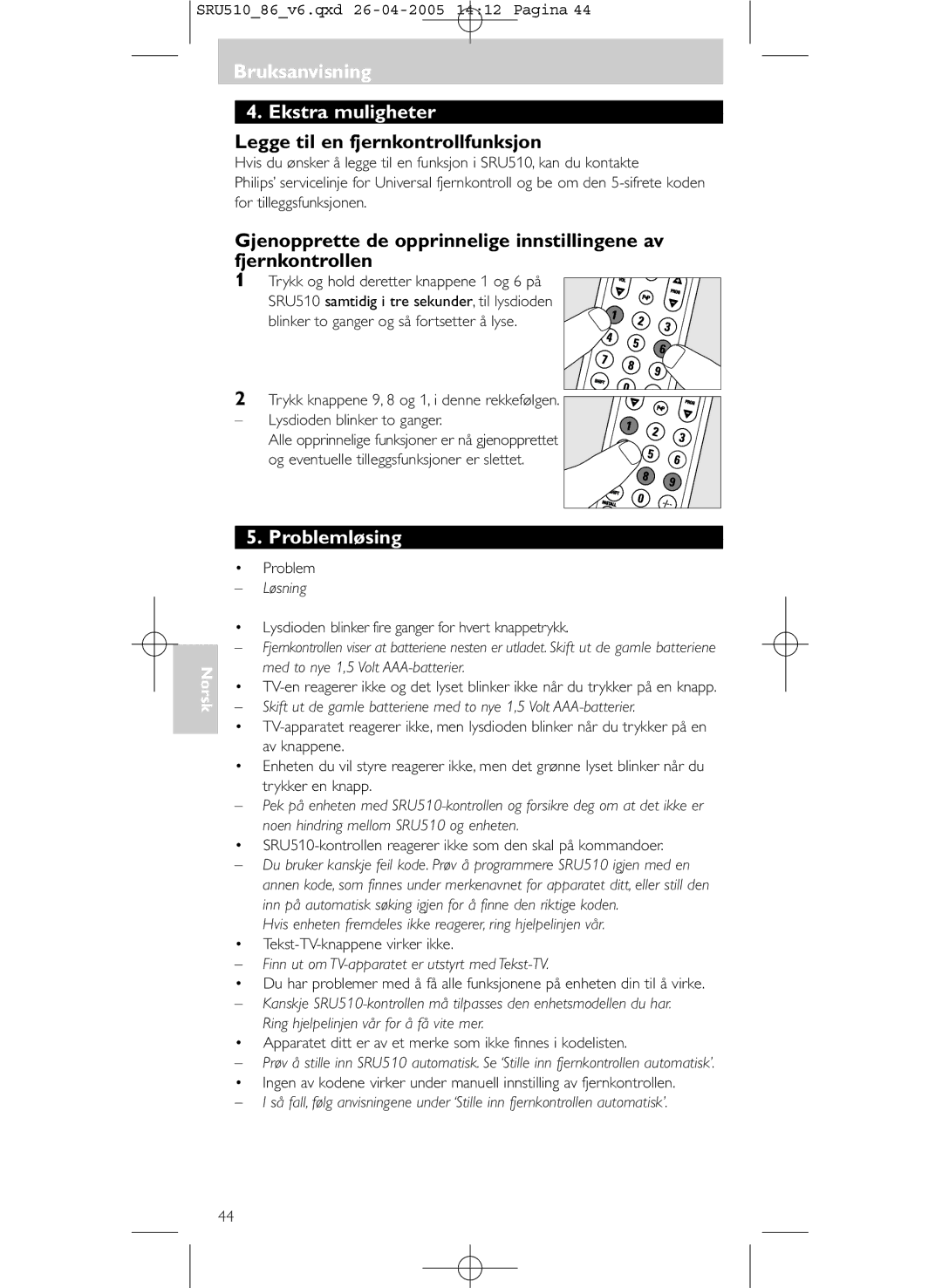 Philips SRU 510/86 manual BruksanvisningBruksanvisning Ekstra muligheter, Legge til en fjernkontrollfunksjon, Problemløsing 