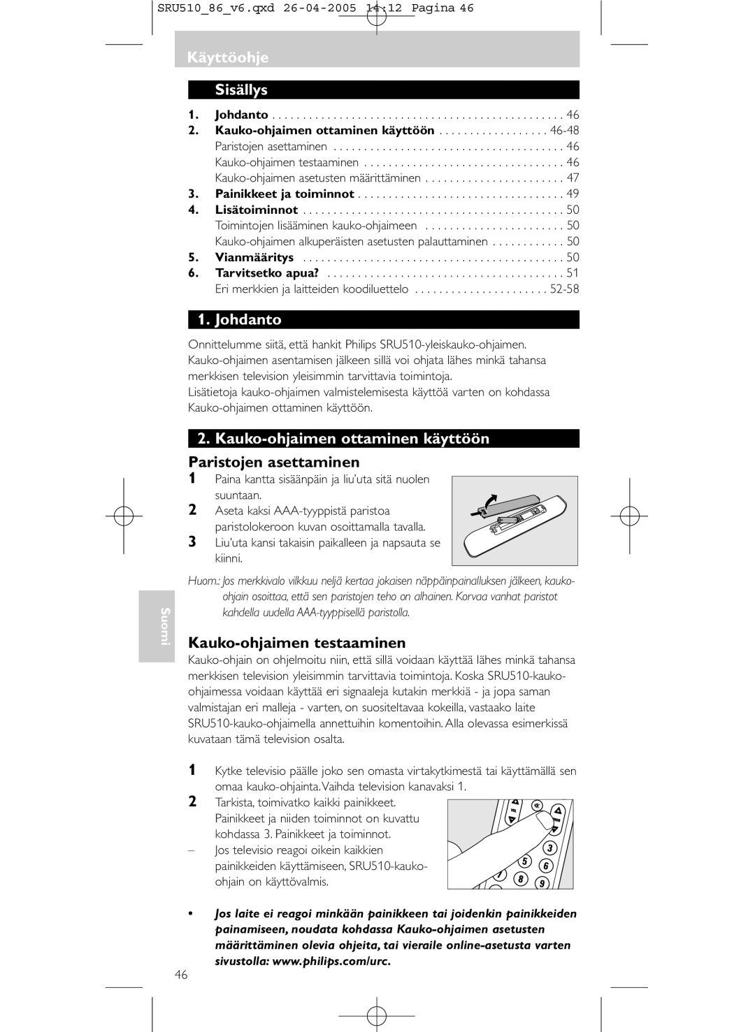 Philips SRU 510/86 manual Käyttöohje Sisällys, Johdanto, Kauko-ohjaimen ottaminen käyttöön, Paristojen asettaminen 