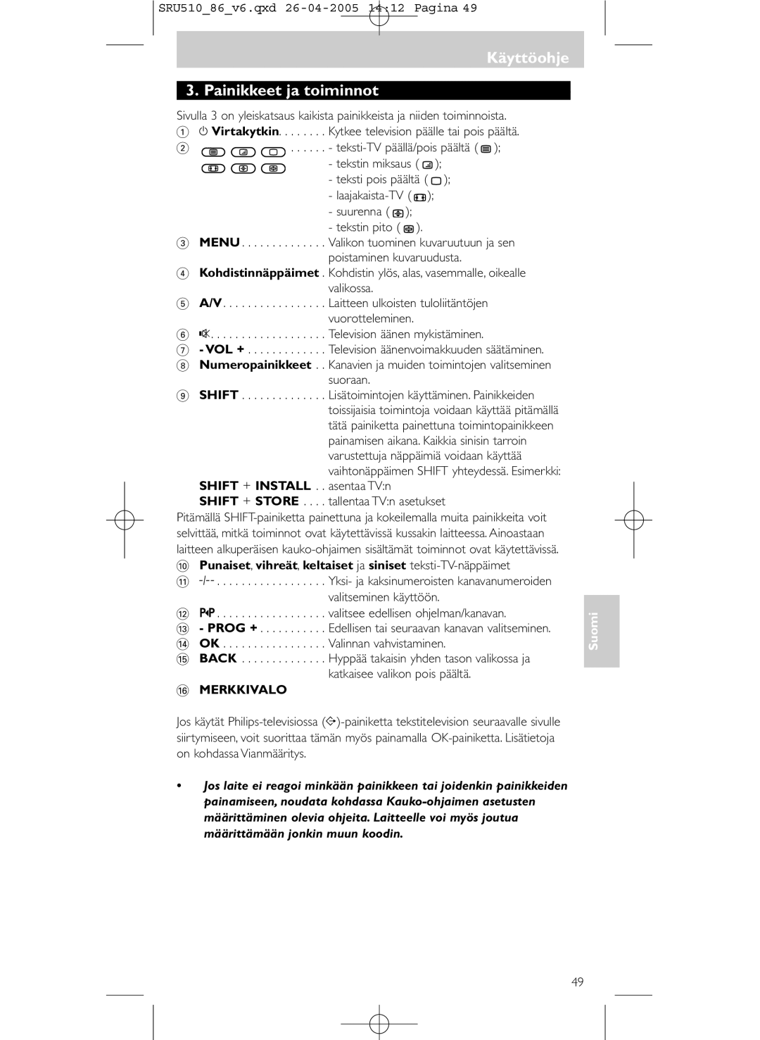 Philips SRU 510/86 manual KäyttöohjeKäyttöohje Painikkeet ja toiminnot, Teksti-TV päällä/pois päältä 